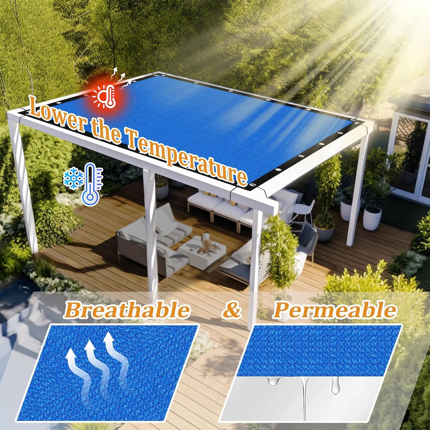 Shade&Beyond Customized Size 90% Sun Shade Cloth with Grommets, 10' X 16' Pergola Shade Cover Canopy, Mesh Tarp Sun Screens for Patio, Outdoor, Garden, Backyard GN01, Blue