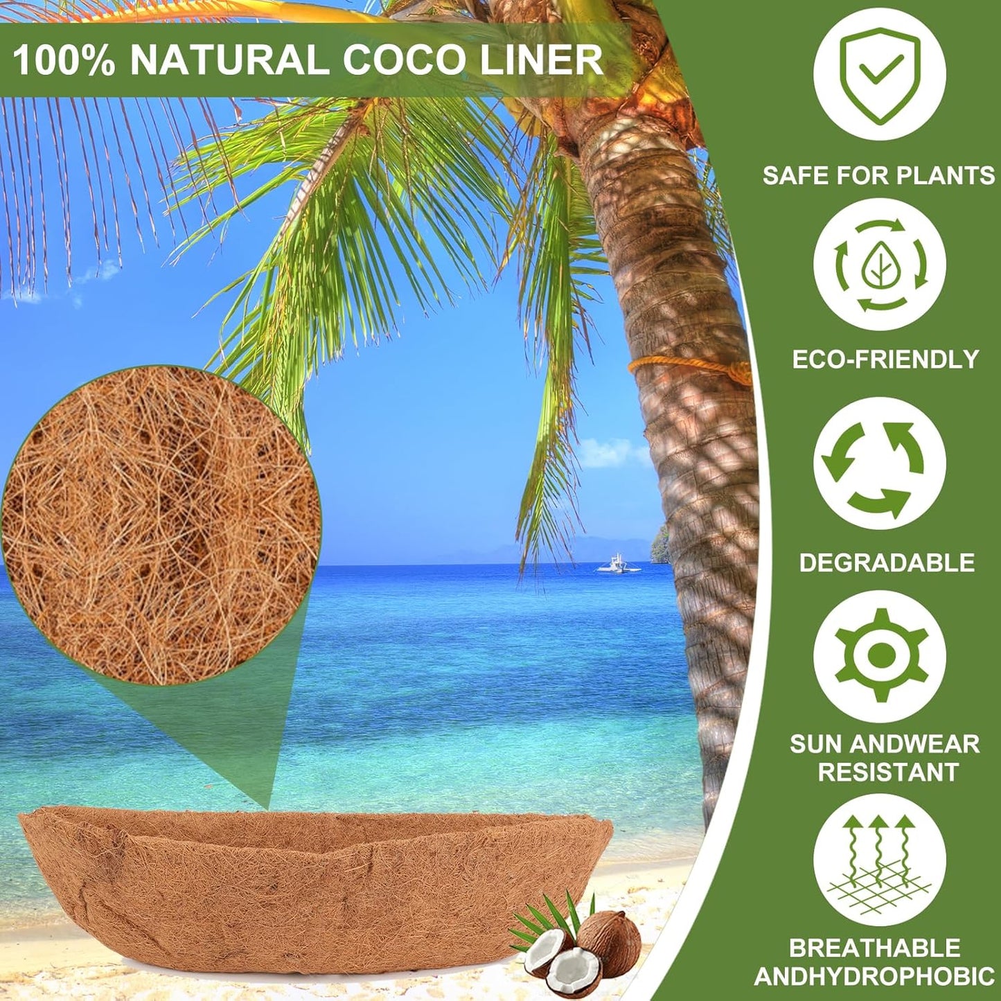 2 Pack 36 Inch Trough Coco Liner for Planters, Pre-Formed Coconut Coir Replacement Liner, Natural Coconut Fiber for Window Flower Box, Fence Flower Baskets, Garden Flower Pot