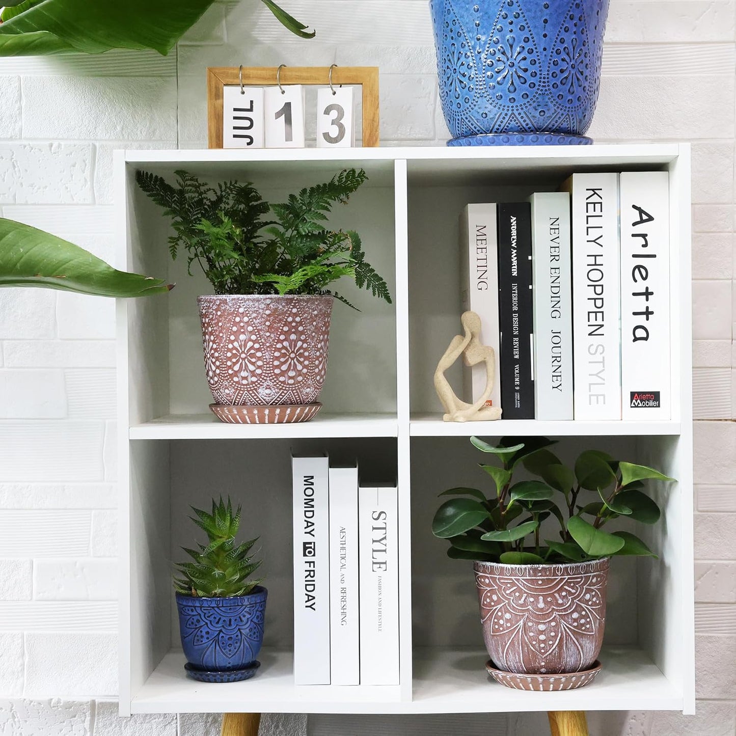 Gepege 6 Inch Beaded Ceramic Planter Set of 2 with Drainage Hole and Saucer for Plants, Indoor-Outdoor Large Round Succulent Orchid Flower Pot