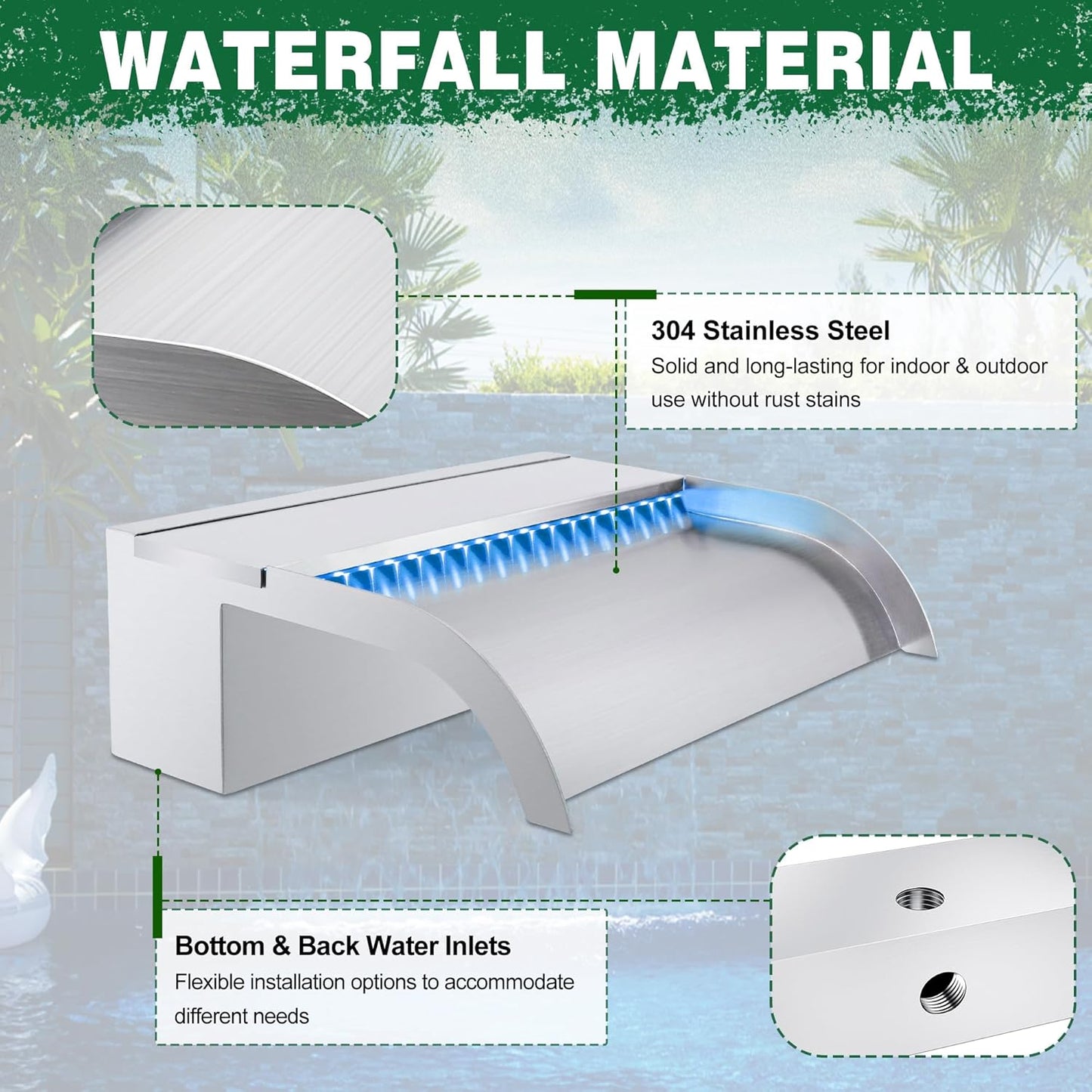 Waterfall Pool Fountain, LONGRUN Stainless Steel Waterfall Spillway for Pools and Ponds - 11.8" Wide Decorative Water Feature for Swimming Pools, Koi Ponds, and Garden