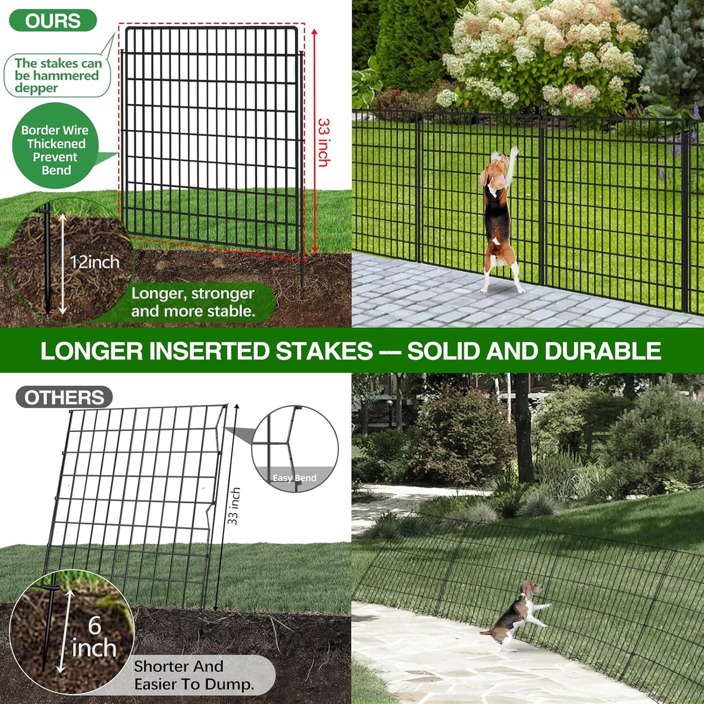 10 Panels Garden Fencing Animal Barrier with Lock, 33 in(H) X 24 ft(L) Dog Fence Outdoor for Yard Rustproof No Dig Decorative Tall Garden Fence Metal Wire Panel Border Rabbit Ground Stakes Fencing