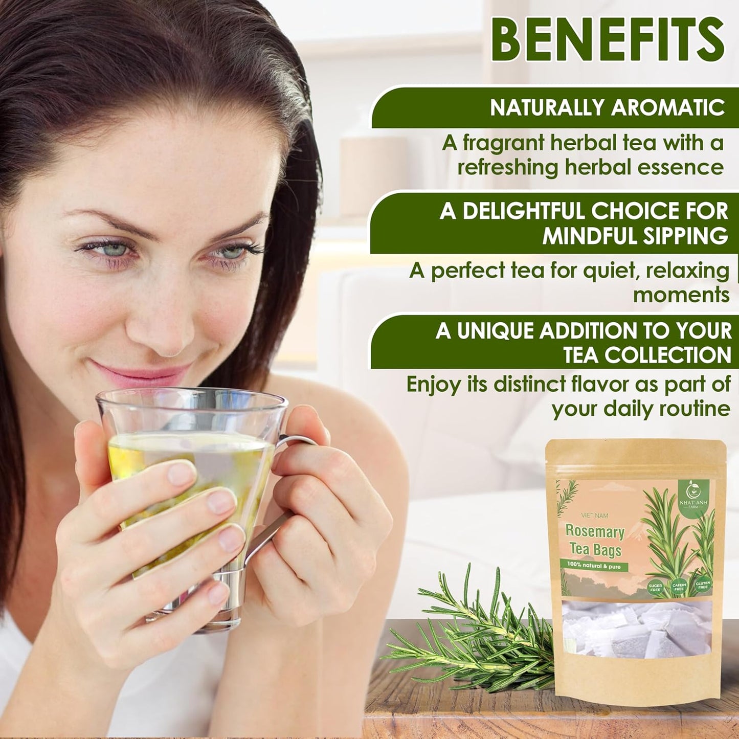 NHAT ANH FARM Premium Rosemary Tea Bags, 40 Count, 100% Natural Dried Rosemary Leaves, Naturally Sweet Herbal Tea, Sugar-Free, Caffeine-Free, No Additives