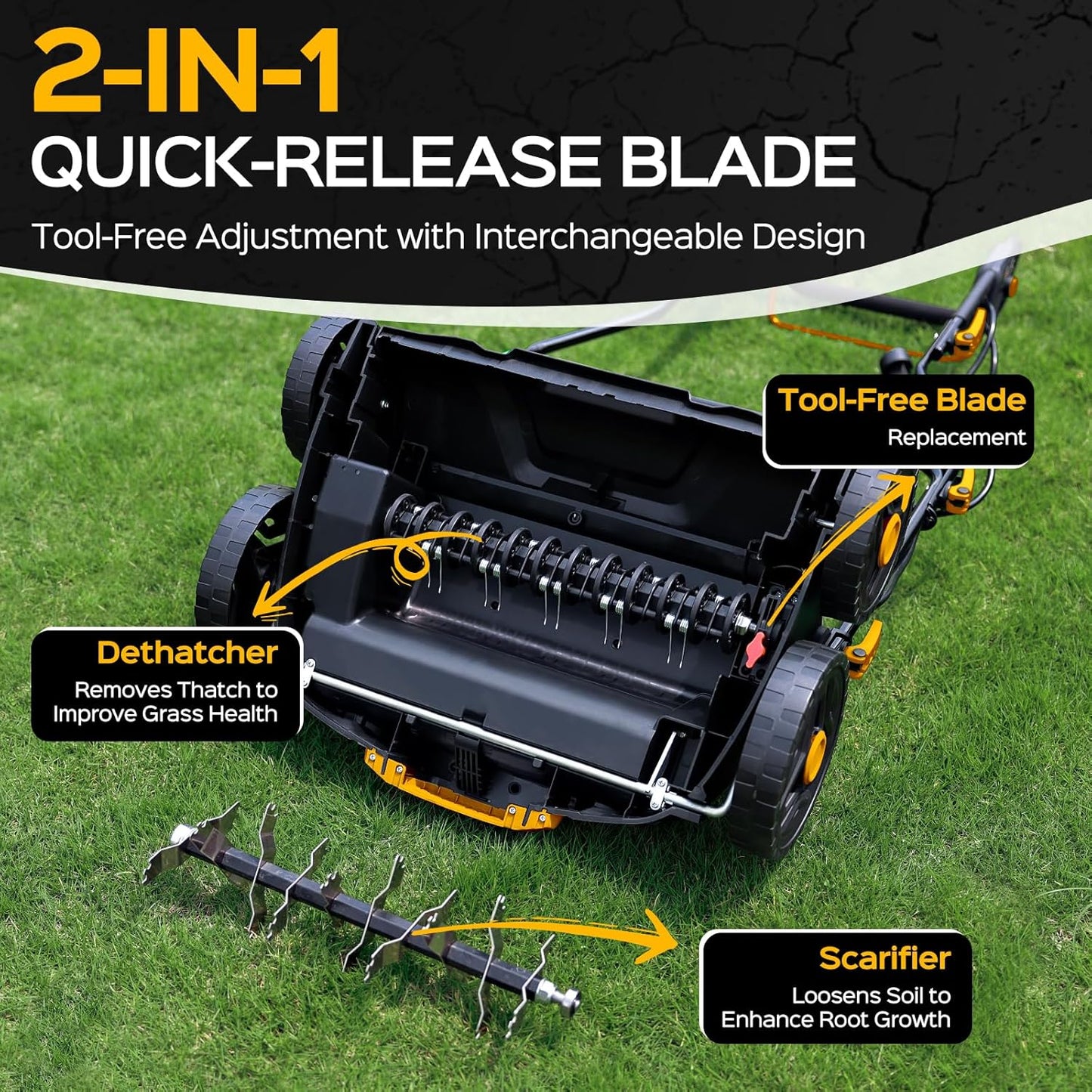 16-Inch 15.5 Amp 2-in-1 Electric Dethatcher and Scarifier, Lawn Dethatcher Rake with 14.5-Gallon Removable Thatch Bag, 5-Position Adiustment, Quick-Fold, Keeps Lawn Healthy - Yellow