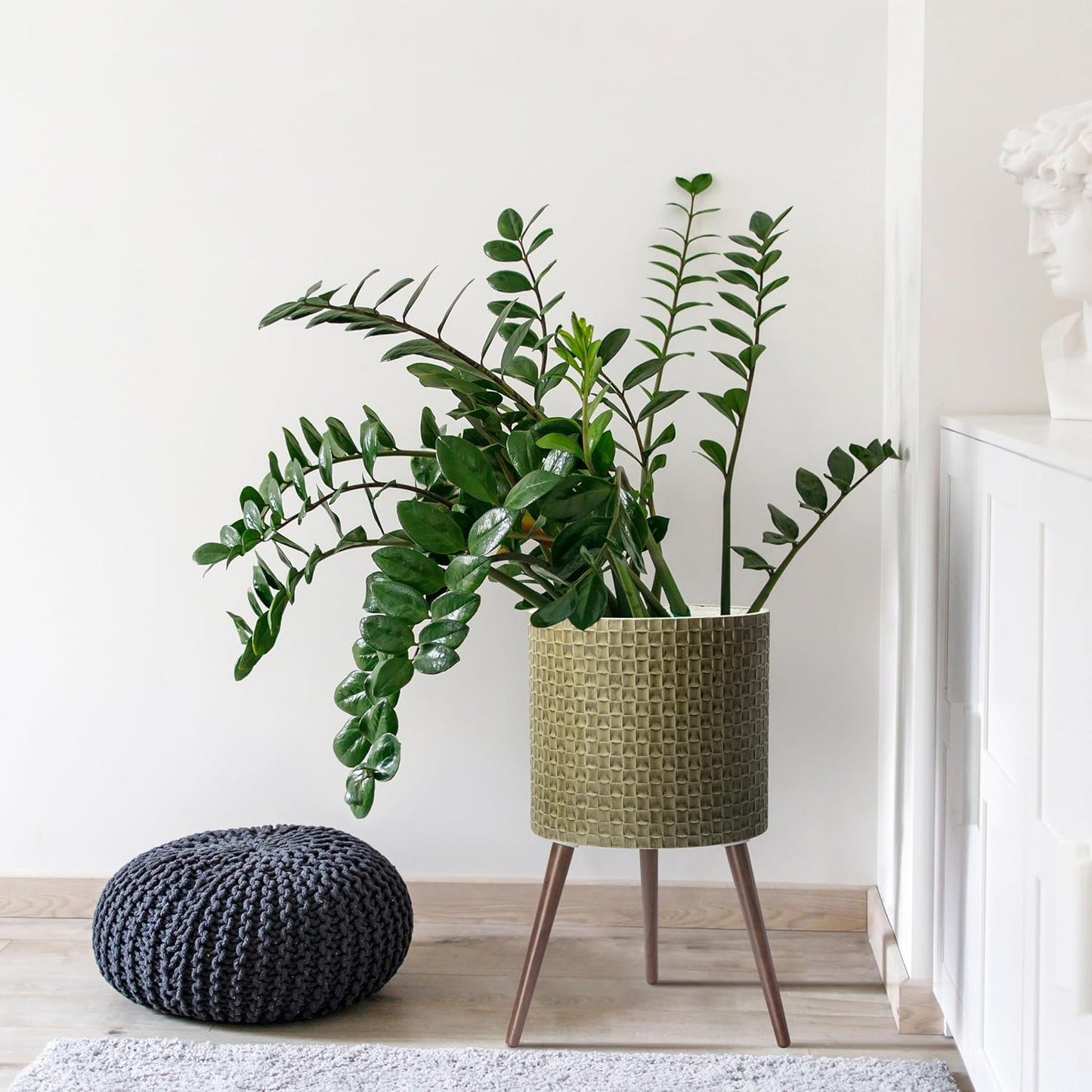 D'vine Dev 16 Inch Modern Geometric Tile Patterned Sleek Planter Pot with Stand, Indoor Outdoor Decorative Plant Holder, Distressed Olive, 88-Z-E-4