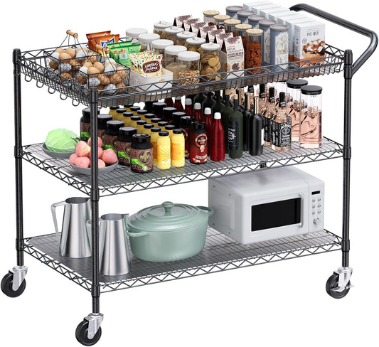 WDT 1350Lbs Capacity Heavy Duty Rolling Utility Cart, Large 3 Tier Rolling Carts with Wheels 24" Dx45 Wx39 H, NSF Commercial Grade Roll Metal Cart, Trolley Serving Cart for Garage, Kitchen, Warehouse