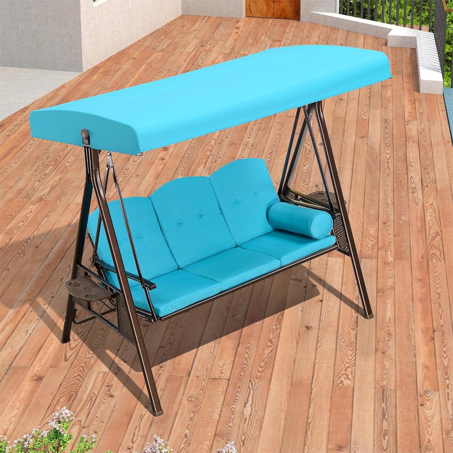 PURPLE LEAF 3-Seat Deluxe Outdoor Patio Porch Swing with Weather Resistant Steel Frame, Adjustable Tilt Canopy, Cushions and Pillow Included, Turquoise Blue