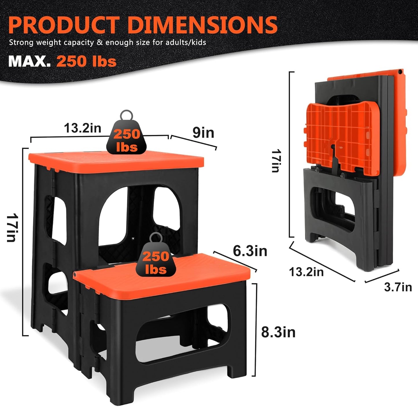 Folding 2-Step Stool, Non-Slip Portable Footstool 8" & 17" Dual Heights, Holds 250 lbs, Portable Footstool for Kitchen Home Toilet Bedroom Office Bathroom RV(Orange)