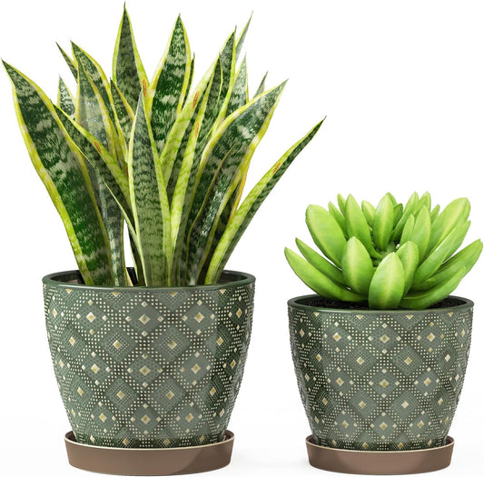 Docrin Ceramic Plant Pots Indoor, 6.6 + 5.5 Inch Planters with Drainage Holes and Saucer for Home/Office - Set of 2 /Dark Green