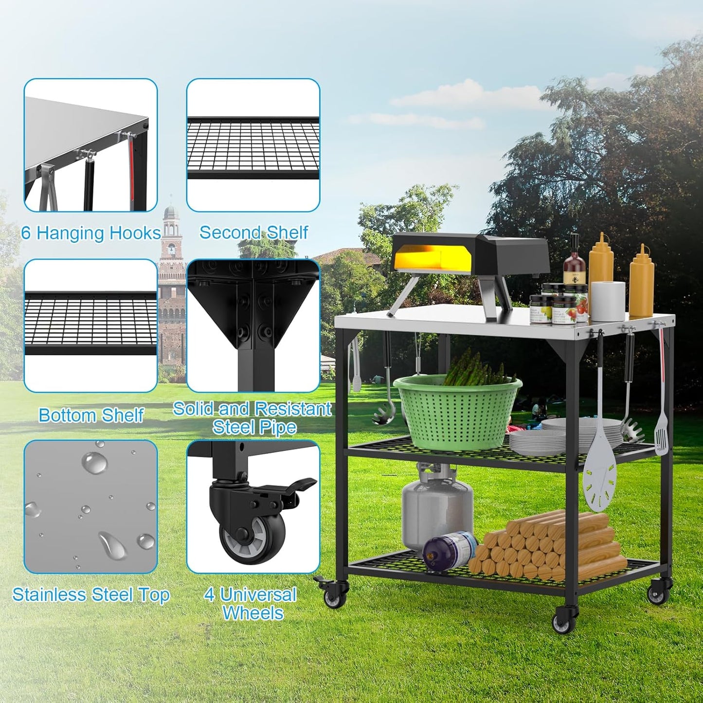 Outdoor Grill Cart 31x24x35 Pizza Oven Table for Ooni Blackstone Ninja Woodfire Flat-top Grills Stainless Steel Trolley Three-Shelf Movable Food Prep and Work Stand Table with Waterproof Cover