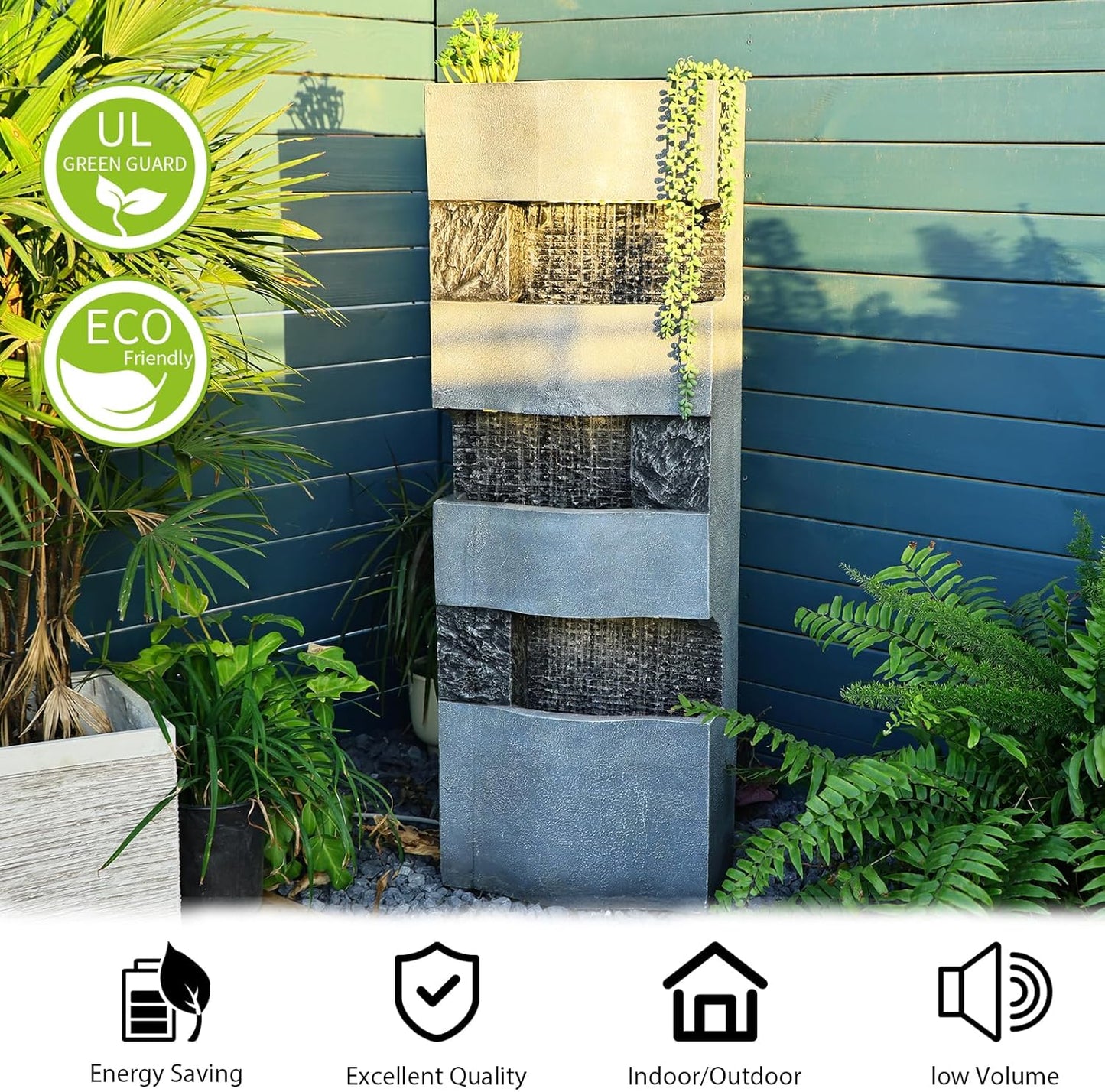 40.5''H Garden Water Fountain Outdoor,4 Tiered Floor Standing Waterfall Outdoor Fountains with LED Lights for Garden, Patio, Backyard, Deck, Porch and Home Art Decor