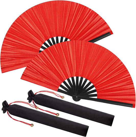 Maitys 2 Packs Large Clap Fans for Line Dancing Large Chinese Folding Hand Fans for Men and Women, Festival, Tai Ji, Kungfu, Martial Art, Gifts (Laser Red)