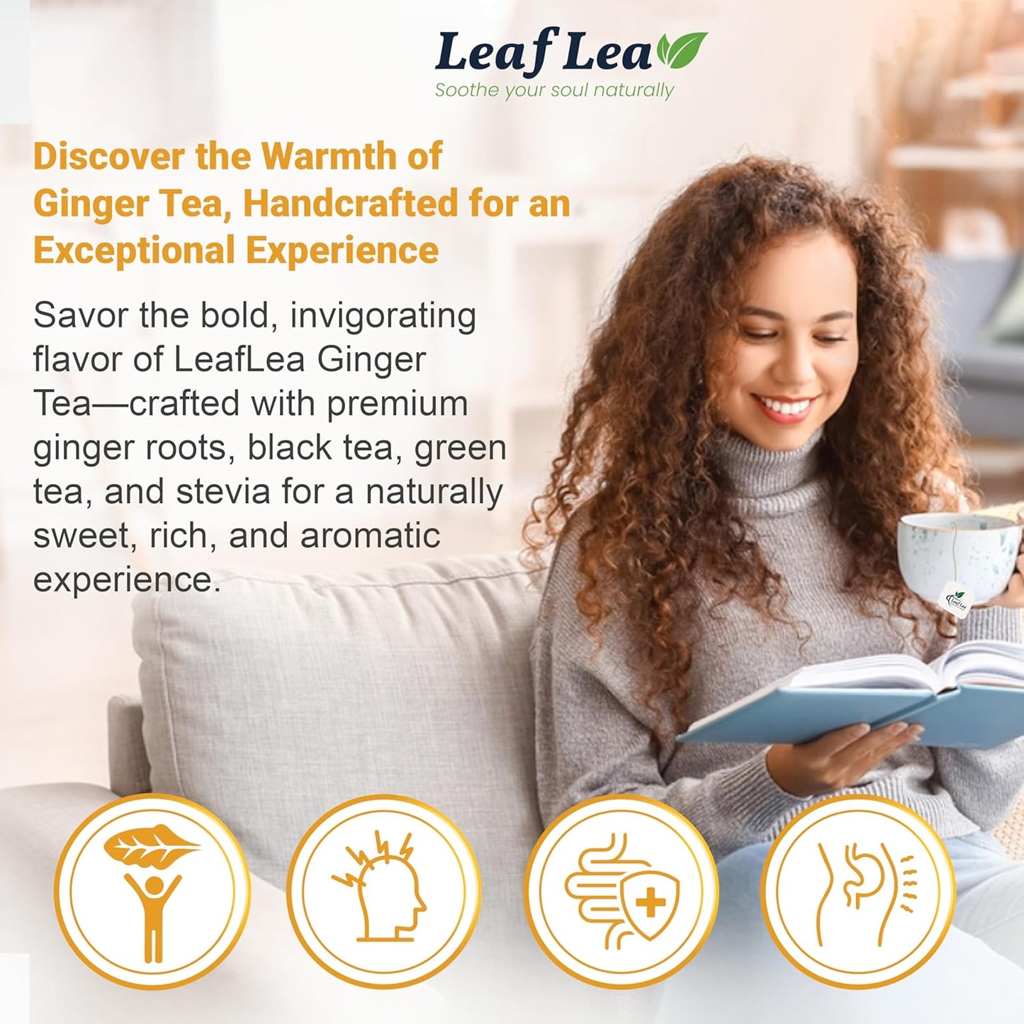 LeafLea Green Tea with Ginger, 80 Tea Bags (2 Packs), Natural Green Tea with Ginger Root, Lightly Sweetened with Stevia, Supports Digestion and Immunity, Low Caffeine, Non-GMO, Gluten-Free