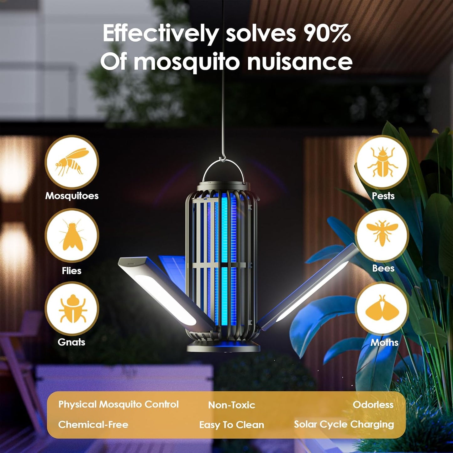 Bug Zapper, Solar Bug Zapper with 3 Solar Charging Panels, IP65 Waterproof Mosquito Zapper, 4200V Mosquito Zapper with LED Light, Outdoor Indoor AUTO ON/Off