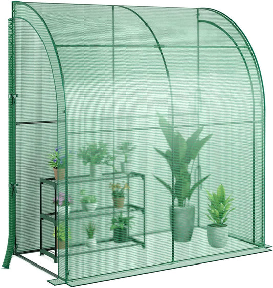SAFSTAR Greenhouse, 7' x 3.5' x 7' Mini Lean-to Walk-in with 3-Tier Flower Rack, Roll-Up Zipper Doors, Weatherproof PE Cover, Indoor/Outdoor Garden Greenhouse