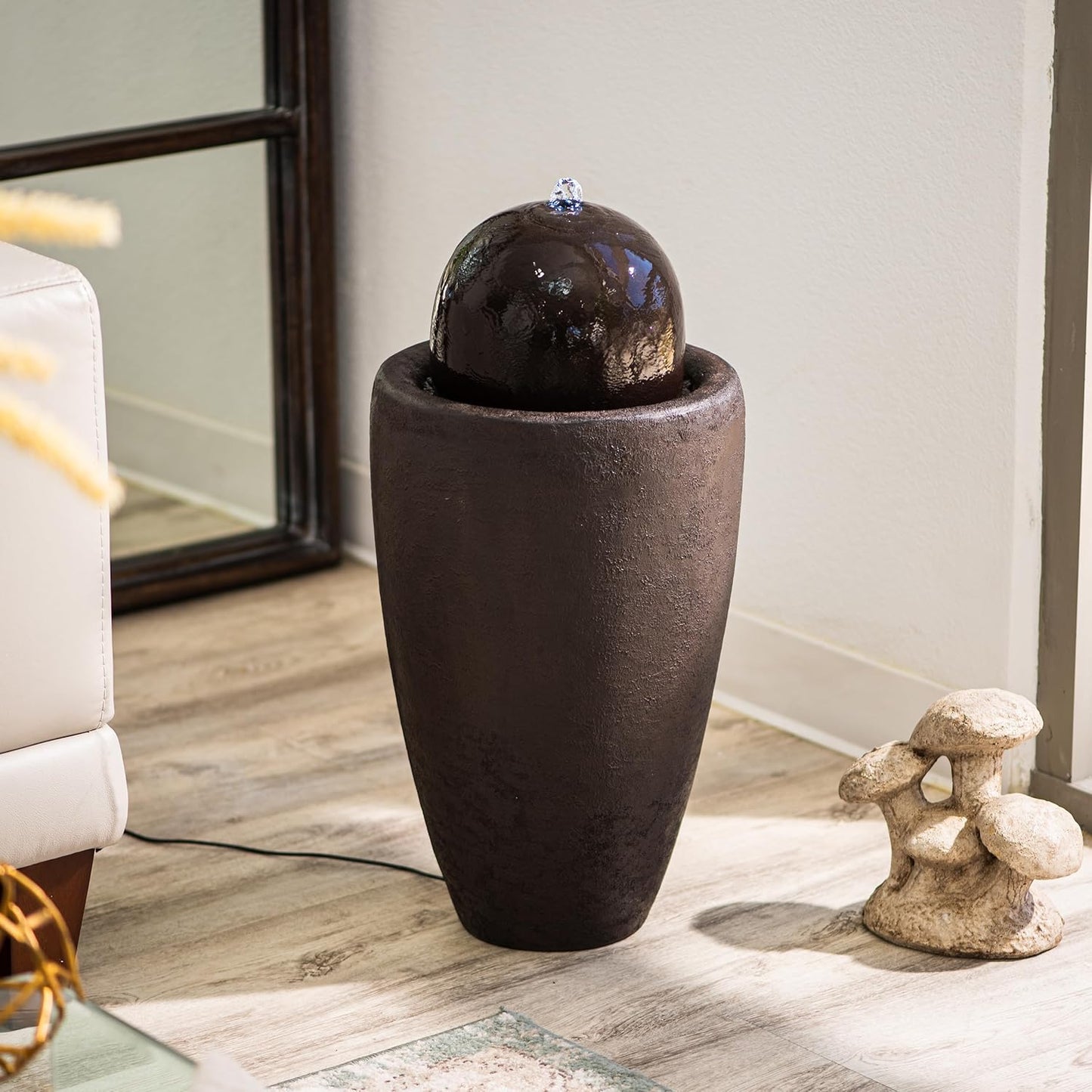 XBrand 25.98" H Round Stone Indoor/Outdoor Modern Stone Textured Sphere Water Fountain with LED Lights, Ball Fountain Decor for Garden, Patio, Outdoor, Brown