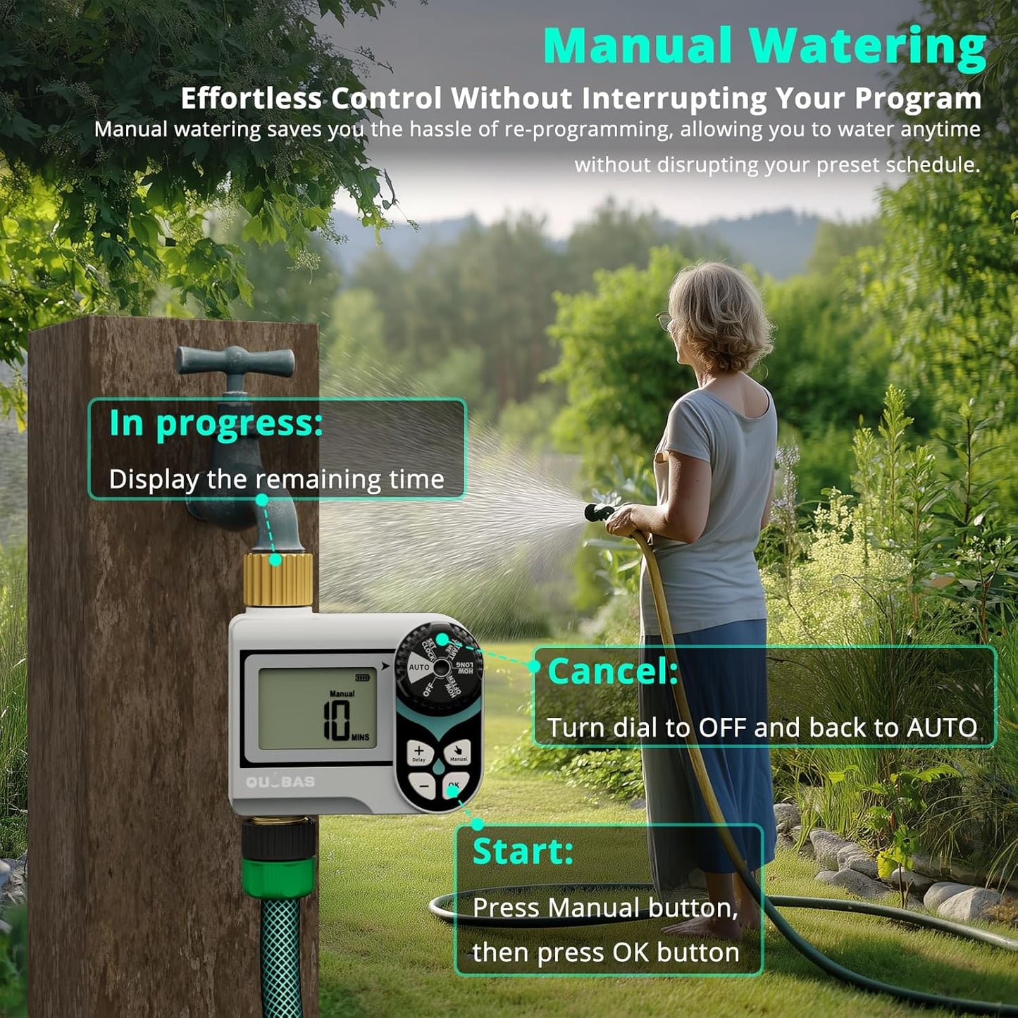 [2 Pack] QUOBAS Low Pressure Water Timer for Garden Hose, Automatic Sprinkler Timer with Brass Inlet & Outlet, Rain Delay/Manual Watering/Automatic Watering System for Yard, Lawn, and Rain Barrel