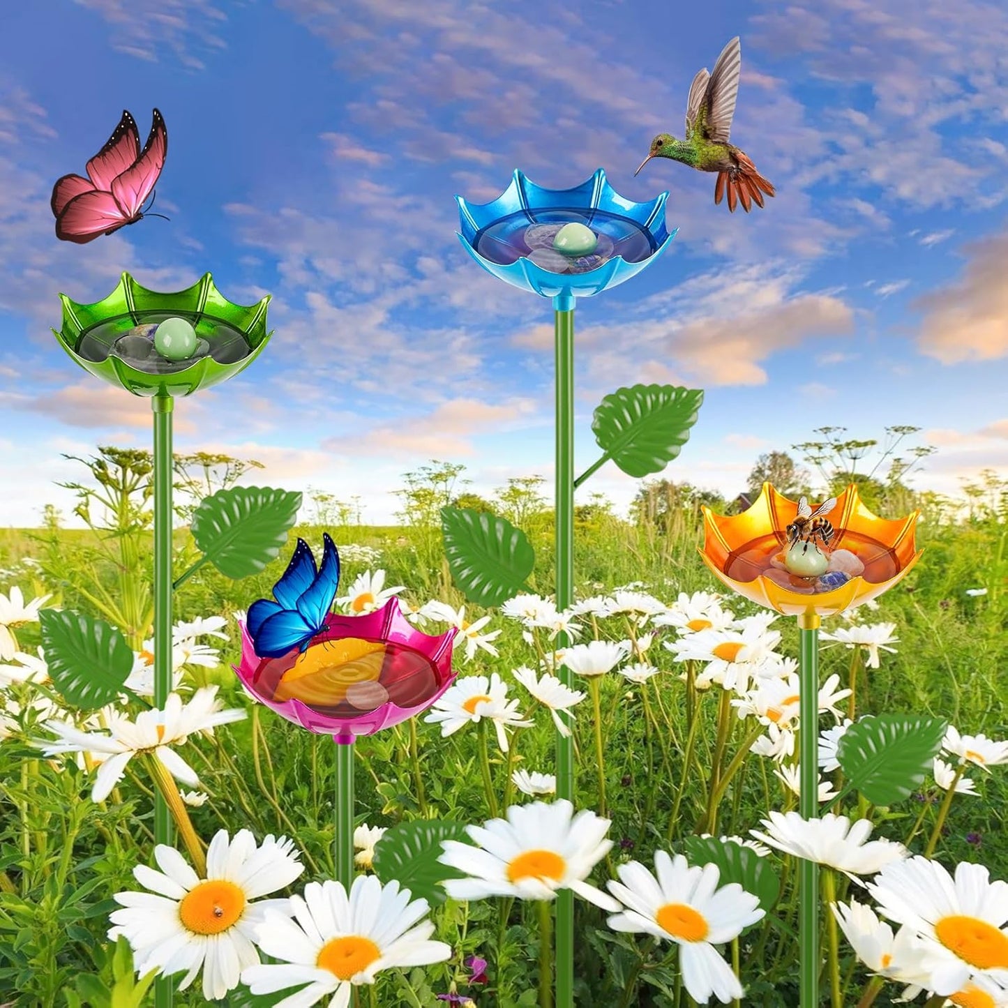 Bee Watering Station for Garden, 2 Pack Bee Drinking Station with Umbrella Design, Metal Butterfly Feeder Bee Baths for Outdoor Garden Yard Decor (Blue,Yellow)