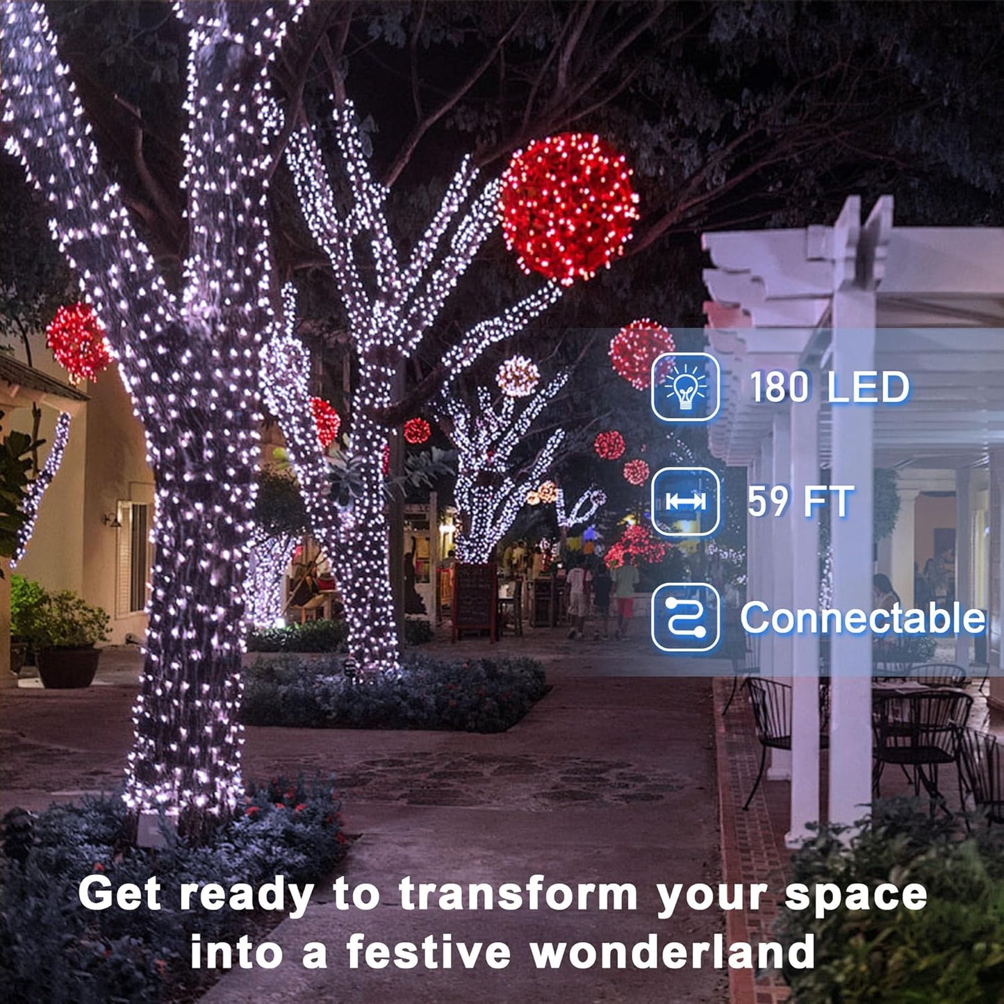 180 LED 59ft Christmas String Lights Indoor Outdoor, 8 Modes Christmas Fairy Lights with Timer & Momory, IP44 Waterproof Christmas Tree Lights for Xmas Patio Yard Fence Balcony Garden (Cool White)