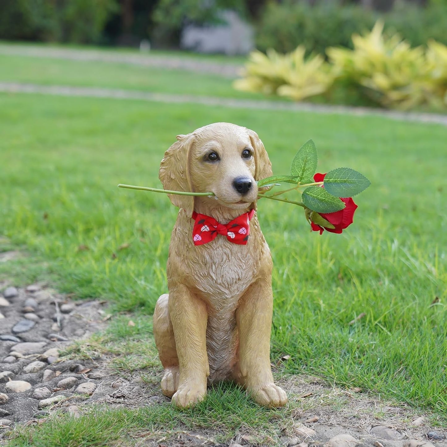 Dog Valentine Day Decorations Outside - Puppy Rose Statues for Garden Decor, Valentine's Day Gifts Garden Statues for Outdoor Patio Balcony Yard, Unique Golden Retriever Gifts for Women 11x5.5x13IN