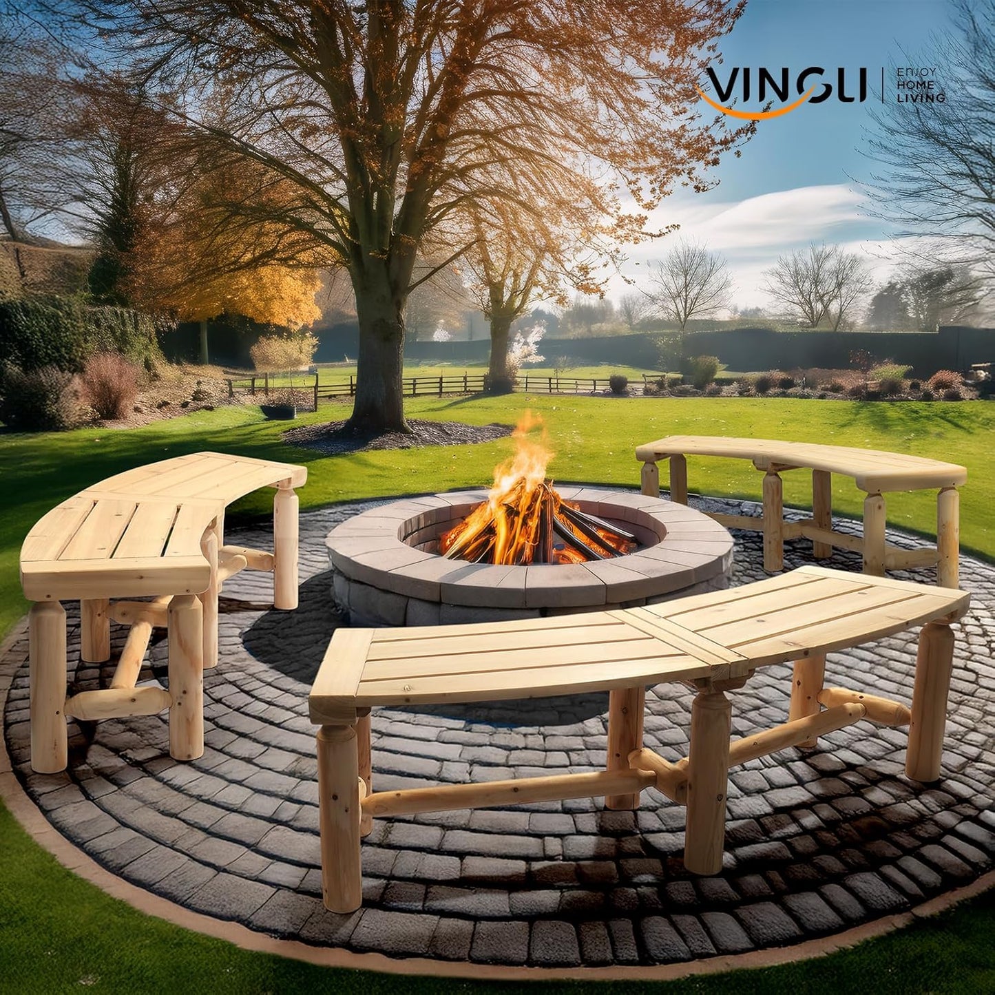 VINGLI Outdoor Bench Wooden Curved Bench, All-Weather Fire Pit Backless Patio Bench, 2-Person Seating Rustic Garden Bench for Backyard Porch Deck Entryway (Natural)