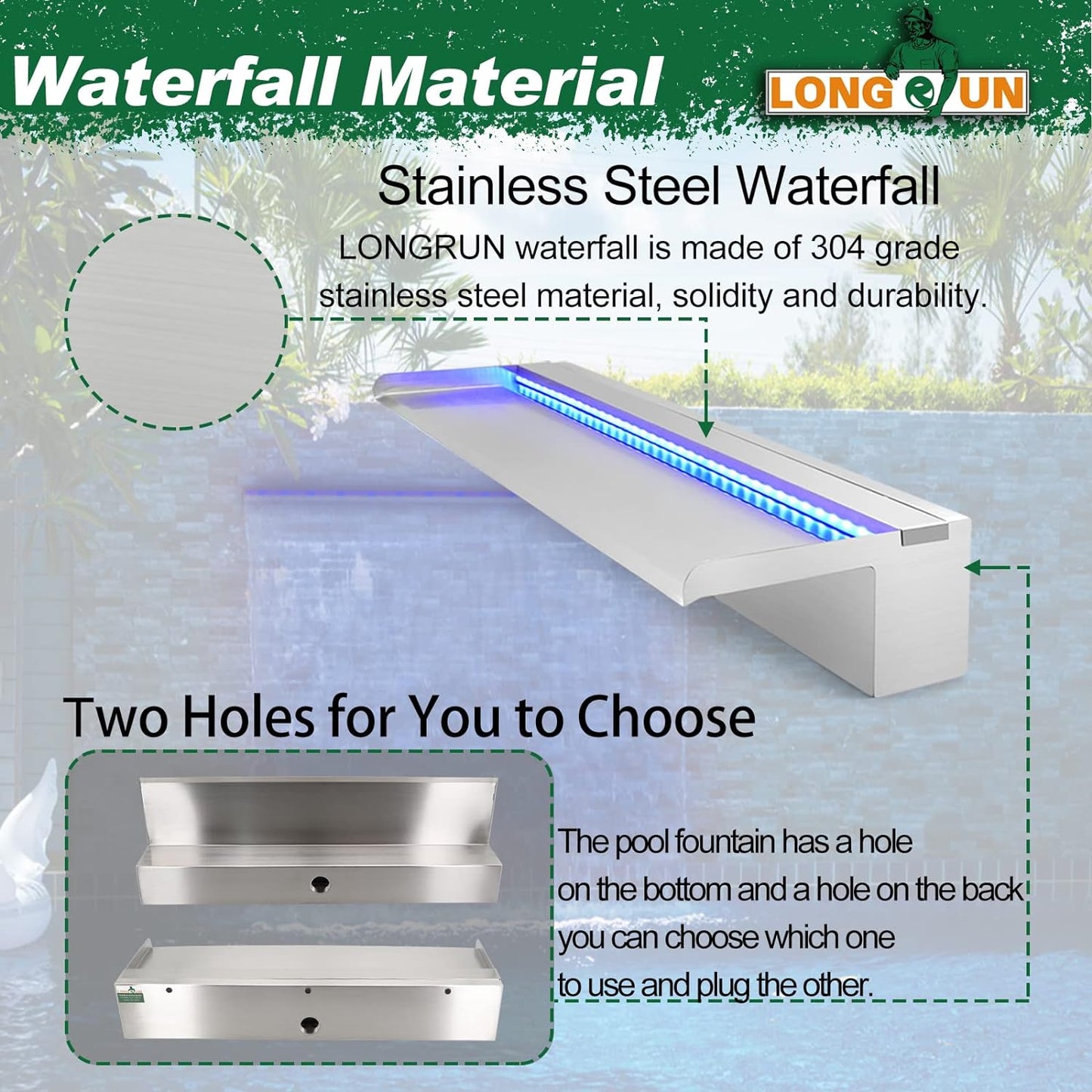 LONGRUN Stainless Steel Waterfall Spillway, APP Control Multi-Color LED Light Outdoor Pool Fountain, Water Spillway Koi Pond Waterfalls Fountains Kit for Garden Patio Swimming Pool Decoration-23.6"