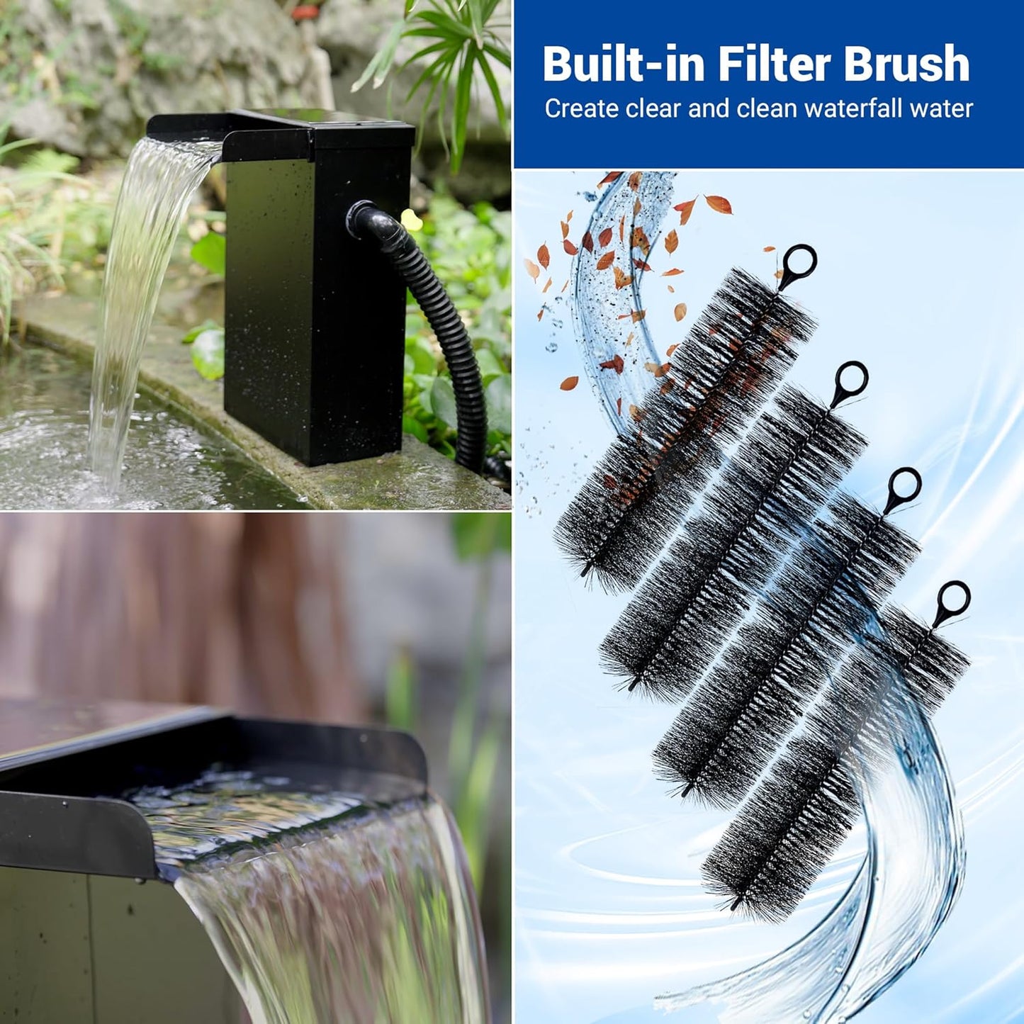 NFESOLAR Pond Waterfall Spillway with Pump Kit, Large 11.8" W 13.4" H Capacity Stainless Pond Waterfall Box with Filtration, LED Lights for Garden Outdoor Pond up to 2000 Gallons N4313