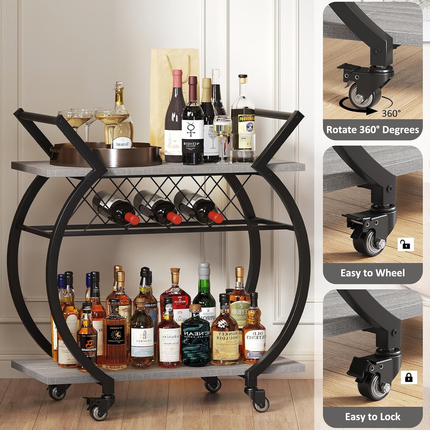 LVB Bar Cart with Wine Rack, 2 Tier Farmhouse Kitchen Cart on Wheels, Modern Wood and Metal Portable Coffee Cart Table for Home, Utility Industrial Mobile Serving Cart with Storage Shelf, Grey Oak