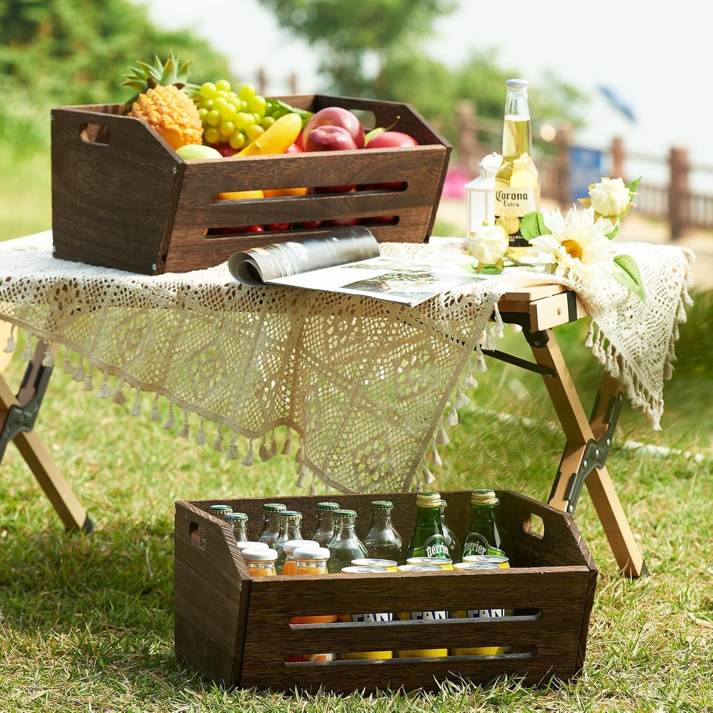 ELONG HOME Wooden Crate, 2 Pack Fast Assemble Rustic Wooden Crates for Storage, Decorative Farmhouse Wooden Crate Basket, Vintage Wood Crates Display for Fruits and Vegetables