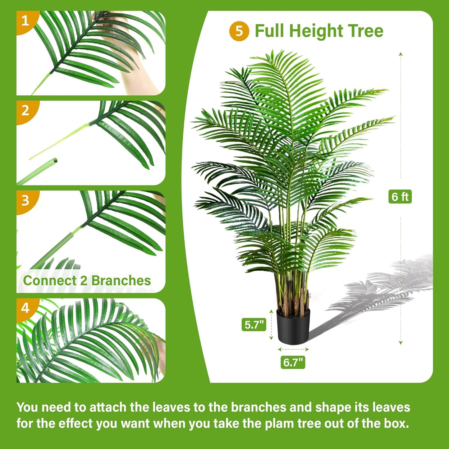 KOL 6ft 2-Pack Artificial Areca Palm Plant in Pot, Fake Tropical Cane Palm Silk Tree Indoor Outdoor, Dypsis Lutescens Plants, 70in Lifelike Faux Silk Plant Home Garden Decoration, Housewarming Gift