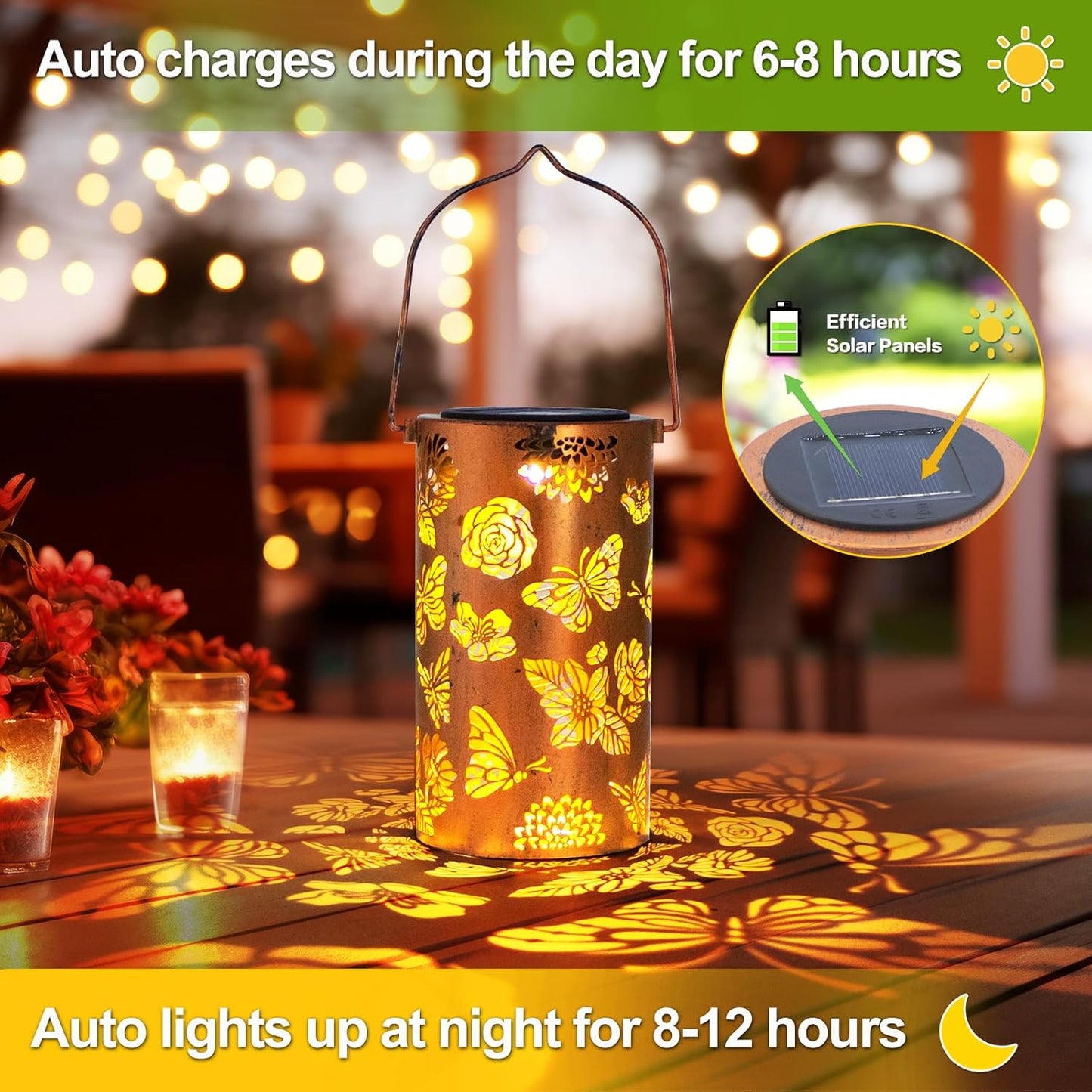 Solar Lanterns Outdoor Waterproof Butterfly Birthday Gifts for Women Mom Grandma Garden Decor Flower Metal Hanging LED Decorative Light for Patio Yard Lawn Backyard Front Porch Gardening Gifts