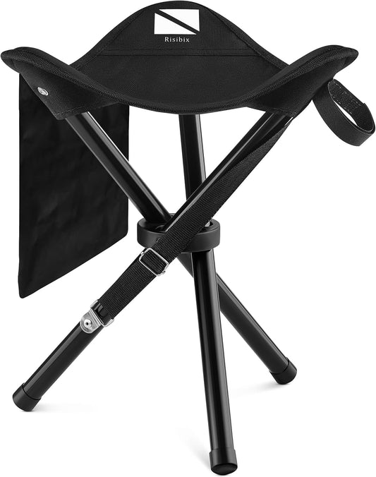 Foldable Tripod 13.4'' Stool - Ultra Portable Seat, Best for Youth+Pocket - 1 lb Camping Stool, 3 Legged Strong Steel Stool, Height: 13.4 inches (Black)