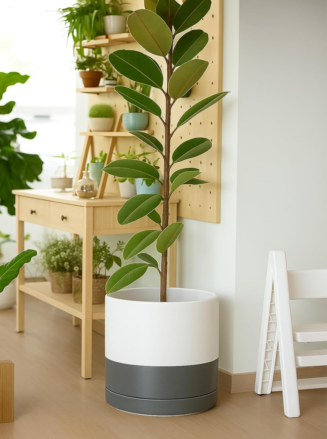 D'vine Dev 14 Inch Ceramic Planter Pot with Drainage Hole and Saucer, Indoor Cylinder Round Planter Pot, White/Speckled Grey, 94-O-G-6