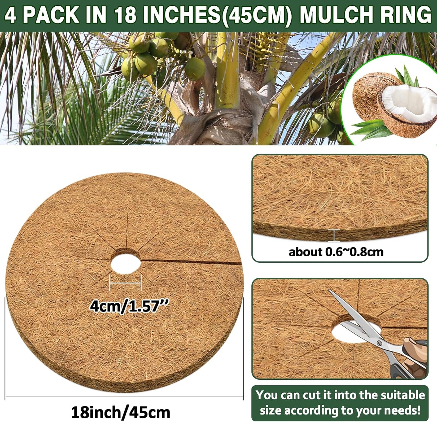 ZeeDix 4 Pack 18 Inch Coconut Fiber Tree Mulch Ring, 100% Natural Coco Coir Tree Ring Mulch Mat, Coconut Coir Discs Plant Cover Tree Protectors Mats Mulch Rings for Landscaping Trees Outdoor Plants