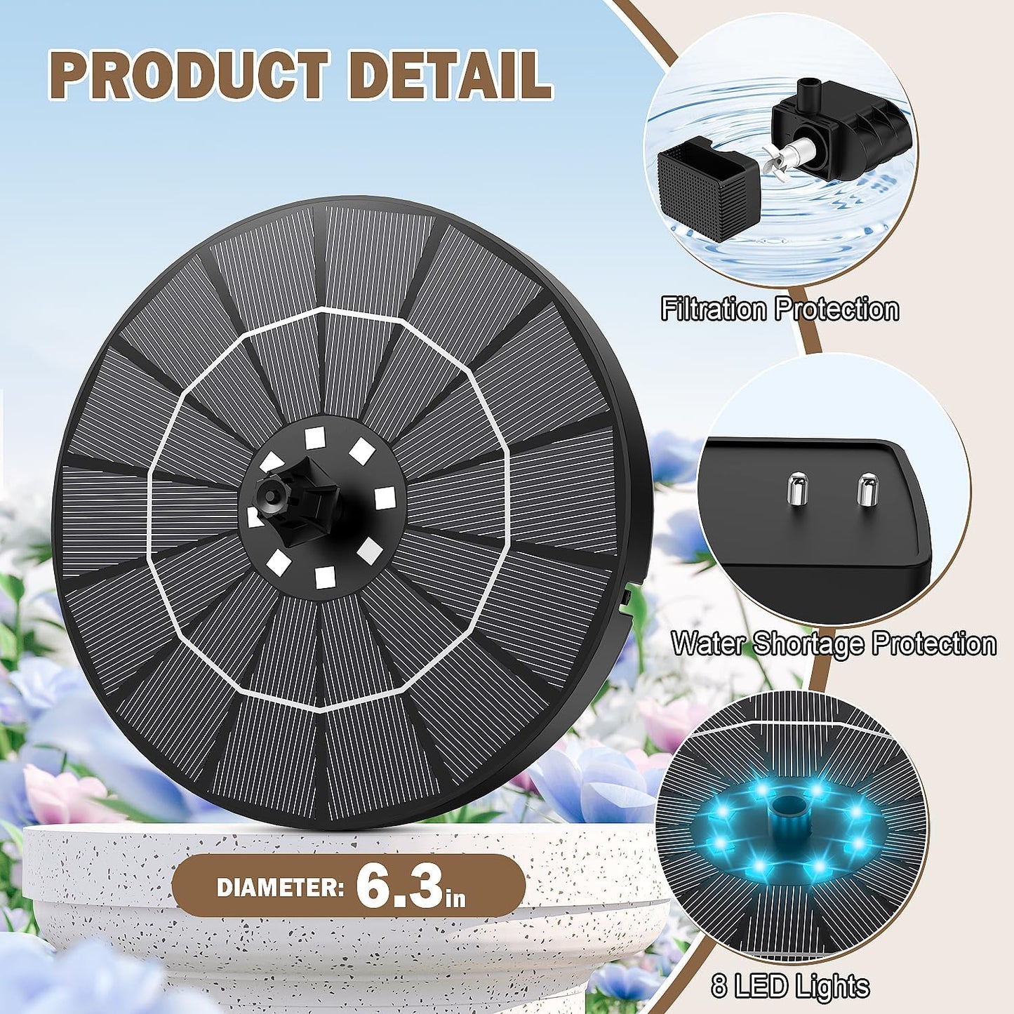 Solar Fountain with Colorful Lights,High Efficiency Solar Water Fountain with 2200mAh Battery 7 Nozzles and 4 Fixer,Solar Fountain for Bird Bath Garden Outdoor Décor