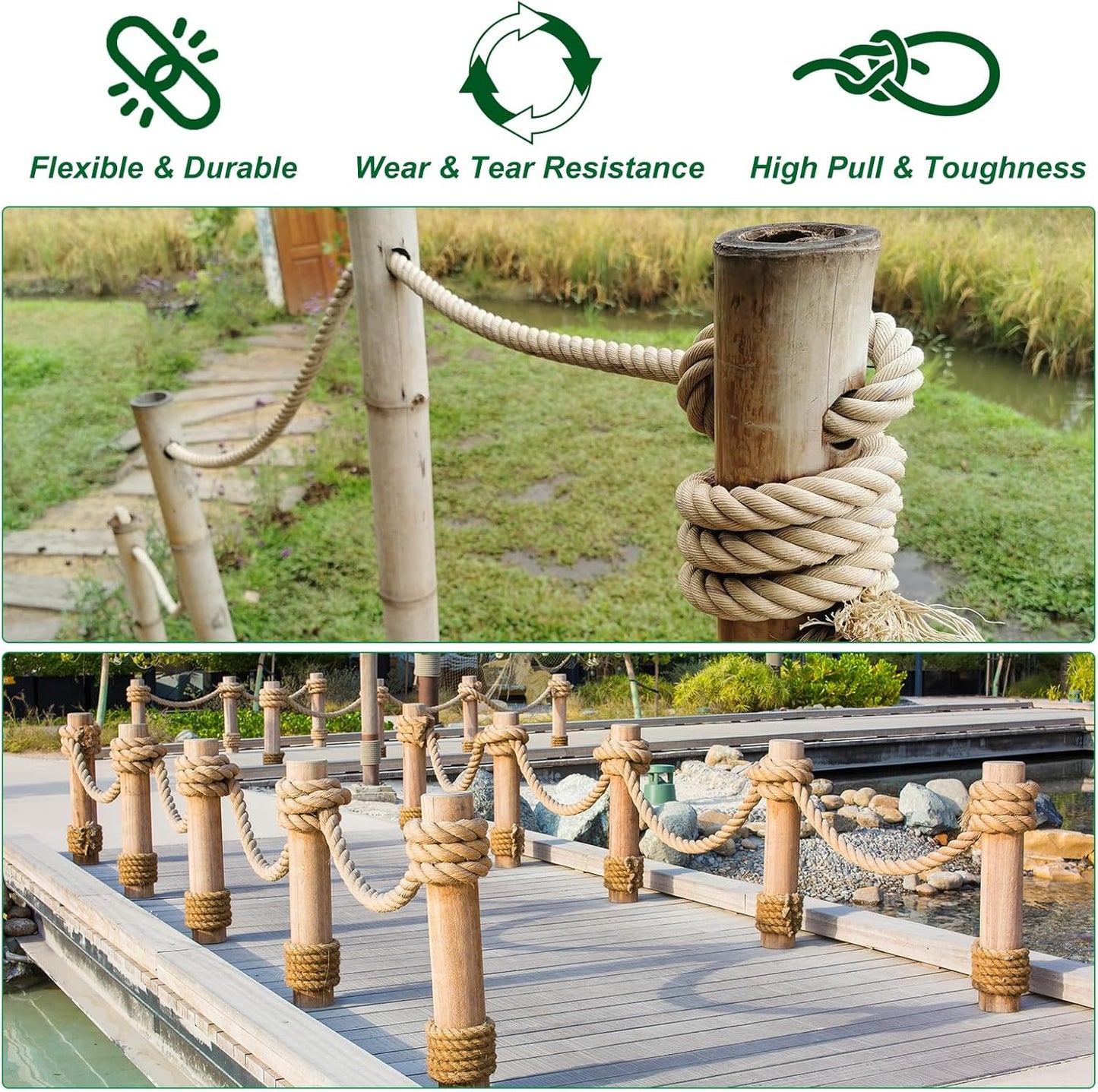PATIKIL 3/8" x 50 ft Twisted Manila Rope Jute Ropes Natural Thick Jute Twine Burlap for Docks Railings Bundling Craft Tug of War Decorating