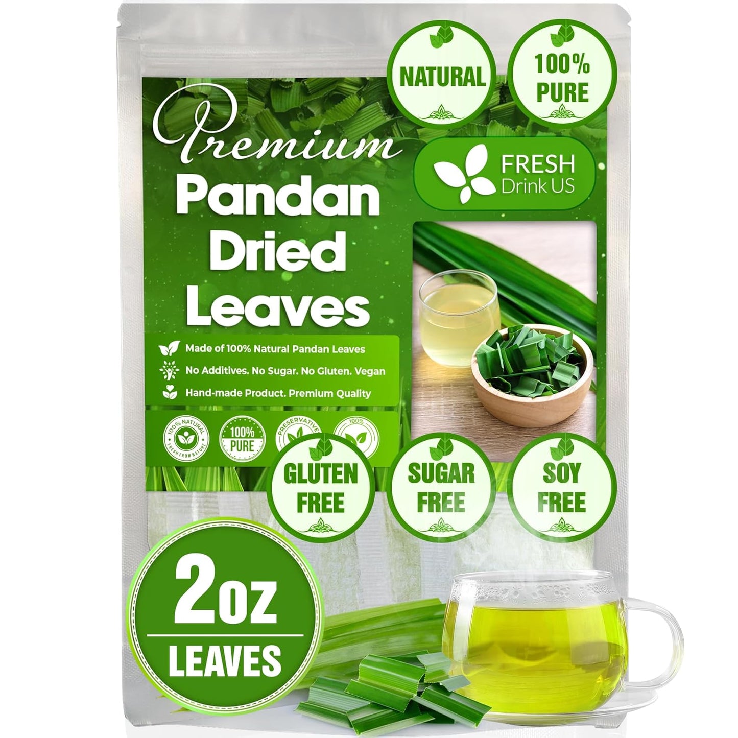 FreshDrinkUS, Premium 2oz Natural Pandan Leaves Dried, 100% Pure Dried Pandan Leaves, Pandan Leaf Tea, No Additives, No Caffeine, Vegan (2 oz Dried Leaves)
