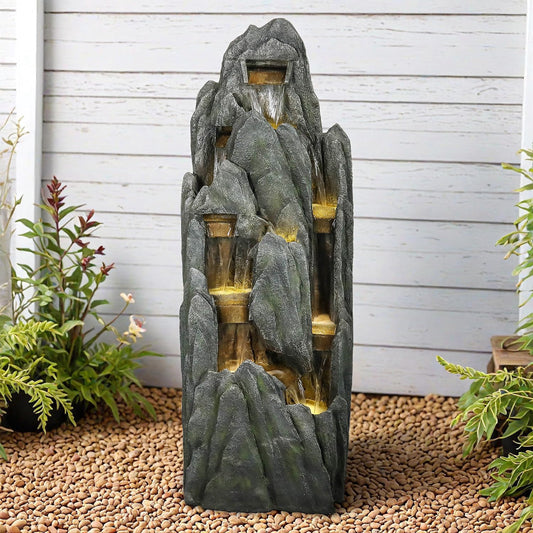 SunJet Outdoor Rockery Water Fountain with LED Lights - 51" Tall Resin Cascading Fountains and Waterfalls Feature for Patio, Yard, Garden Decor, Featuring Realistic Natural Stone Look