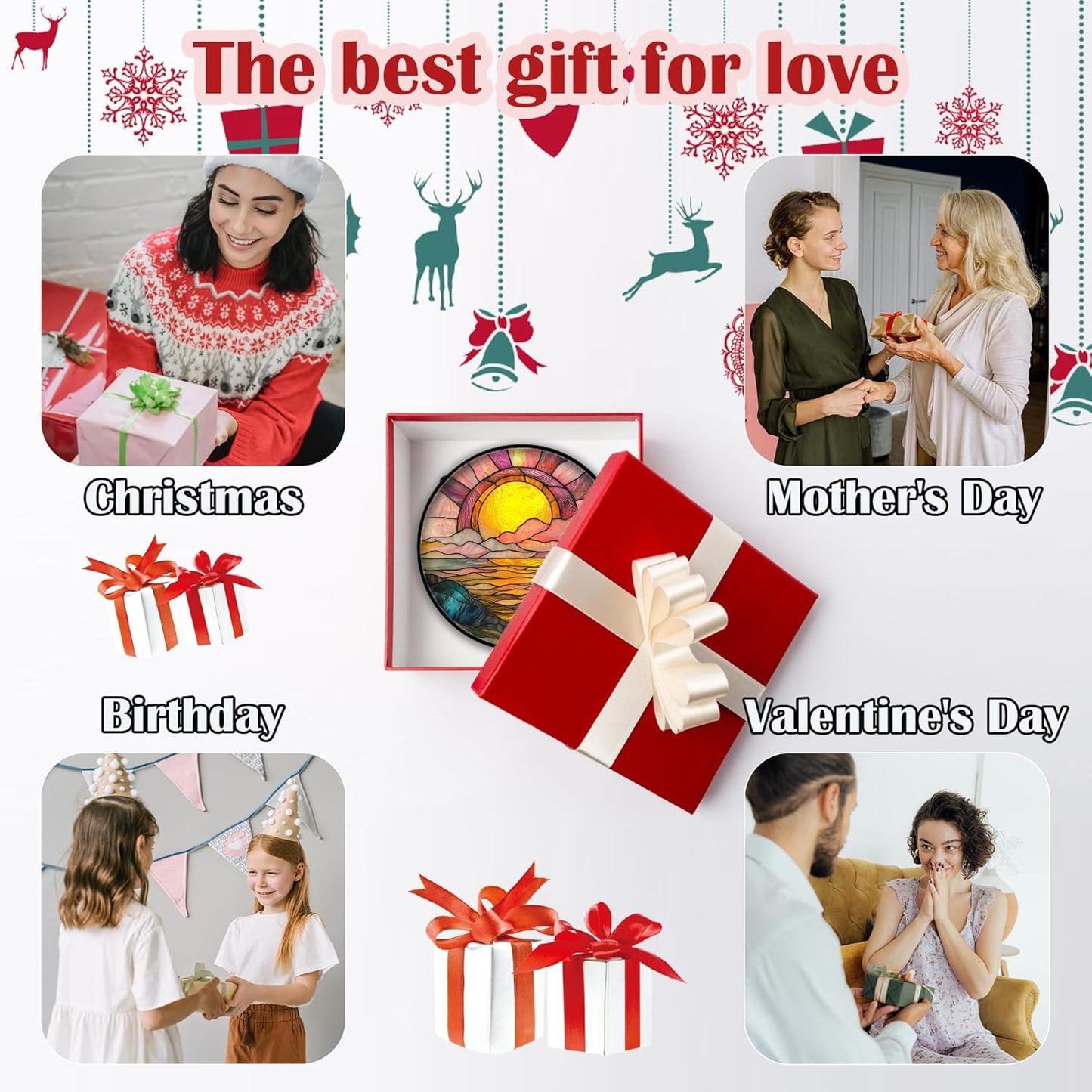 Stained Glass Window Hanging, Sunrise Over The Sea Suncatcher Diamond Glass Panel Hangings Abstract Sun Catchers Decor for Birthday for Women, Men, Wife, Aunt, and Mom 7.8 in