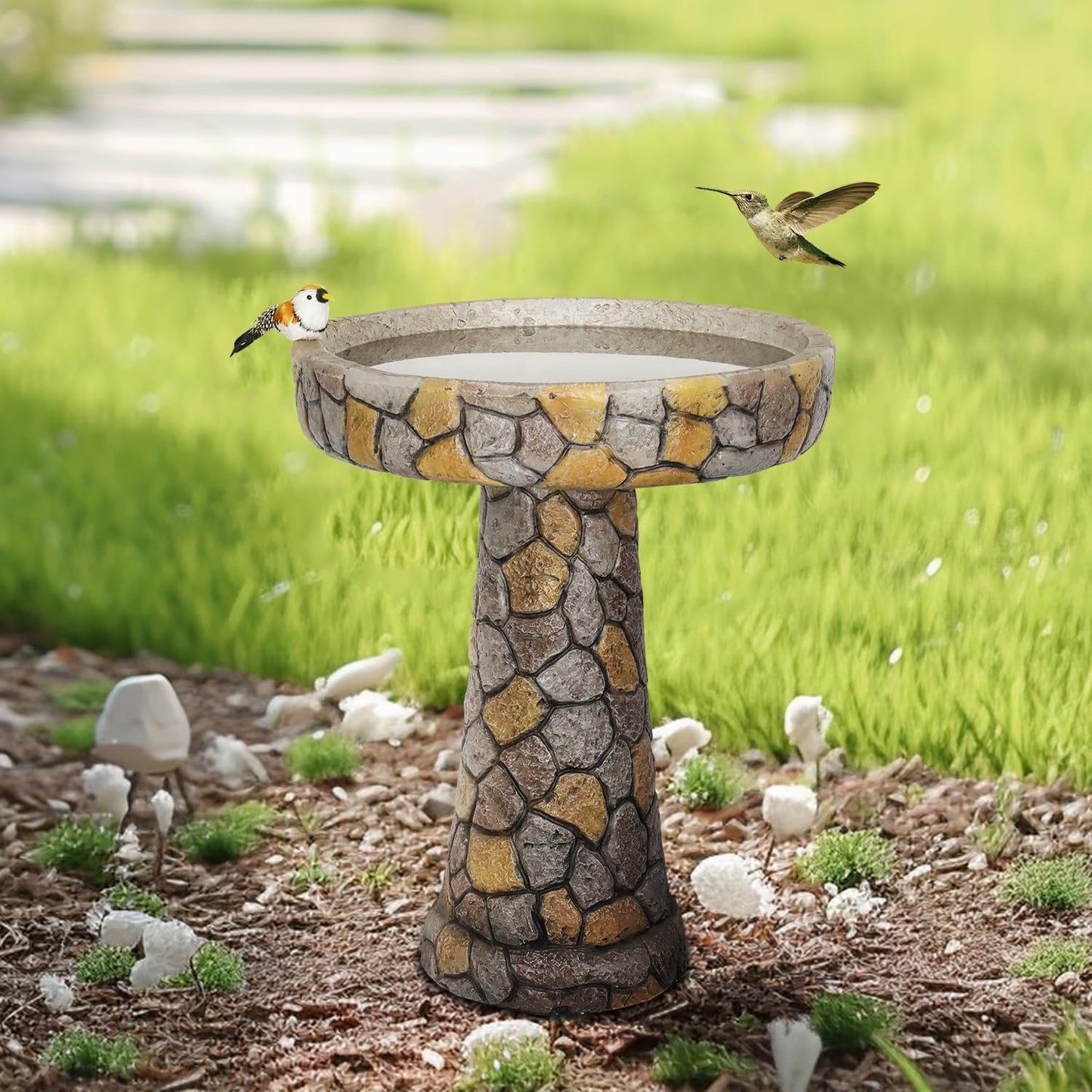 Outdoor Concrete Bird Bath - 24" H * 18.8" Φ Mosaic Stone Design BirdBath Perfect for Adding Interest to Garden, Patio, Backyard, Porch and Deck