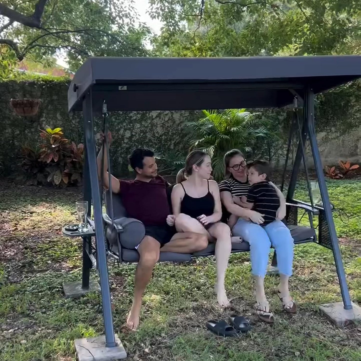 PURPLE LEAF Outdoor Patio Porch Swing with Stand, 3-seat Swing Chair with Adjustable Tilt Canopy All-Weather Steel Frame for Backyard Front Porch Lawn, Cushions and Pillow Included, Grey