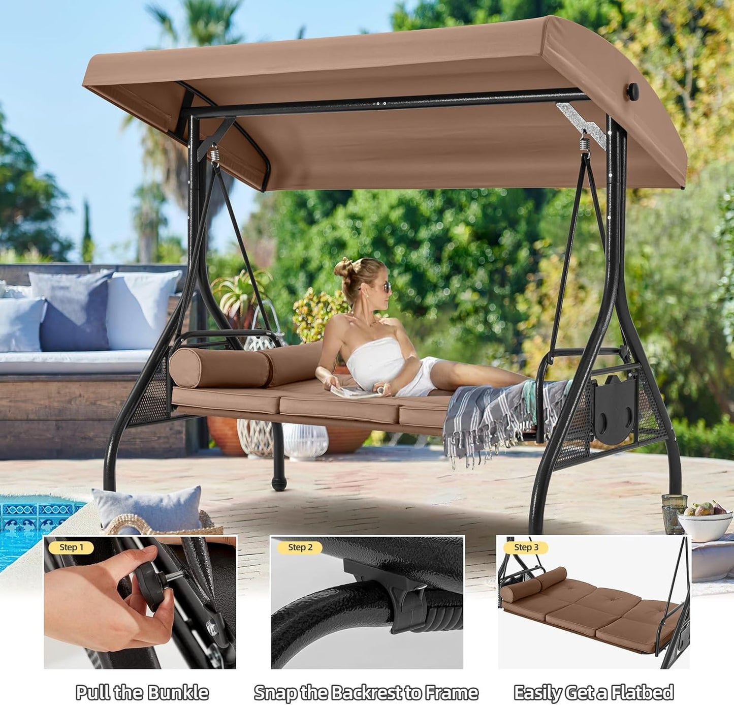 HOMREST 3 Seat Outdoor Porch Swing with Adjustable Canopy, Convertible Patio Swing Bed with Stand, Patio Glider Swing with Upgraded Cup Holder, Thicken Cushions ＆ Pillow for Backyard (Brown)