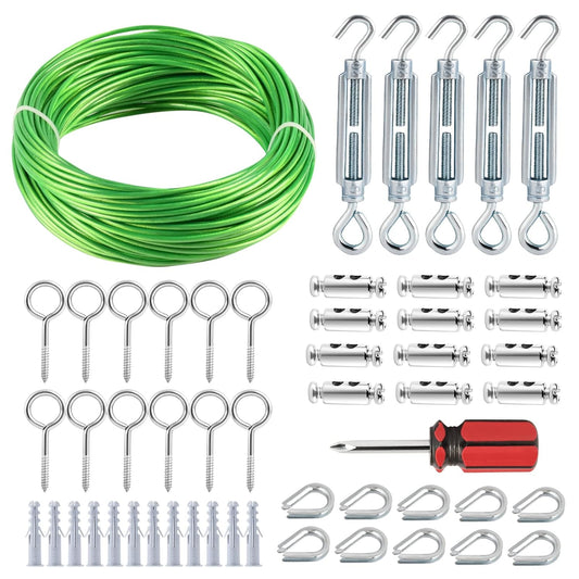 Turnbuckles for Cables Wire, 1/8" X 100Ft Green PVC Coated Wire Rope Kit, Multi-use Steel Cable for Grape Vines/Clothes Line Outdoors for T Post/String Light Hanging/Garden Cable