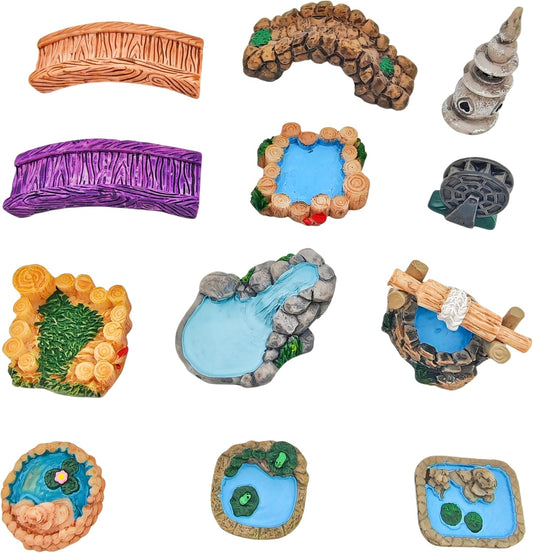 Miniature Garden Accessories - 12PCS Micro Landscape Ornaments with Pond, Lighthouse, Bridge,Realistic Resin Decor for DIY Crafts, Gift for Plant & Home Decor Lovers (Classic Garden Style)