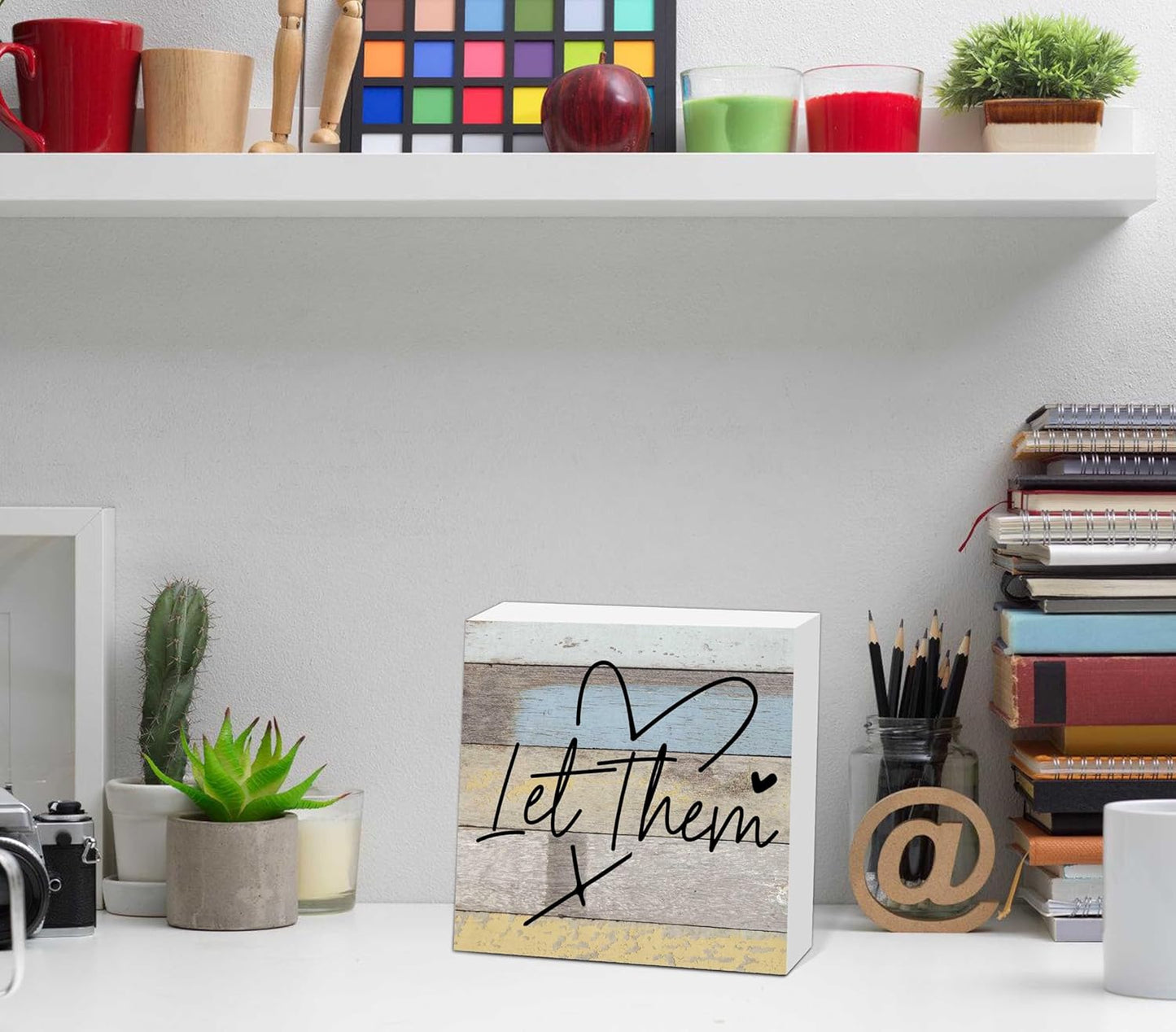 Let Them Wooden Sign, Office Decorations for Work, Let Them Mental Health Rustic Wood Box Signs 5x5 Inch, Desk Shelf Tabletop Decor for Home Cubicle Decor, Office Gifts for Coworkers Women, 14