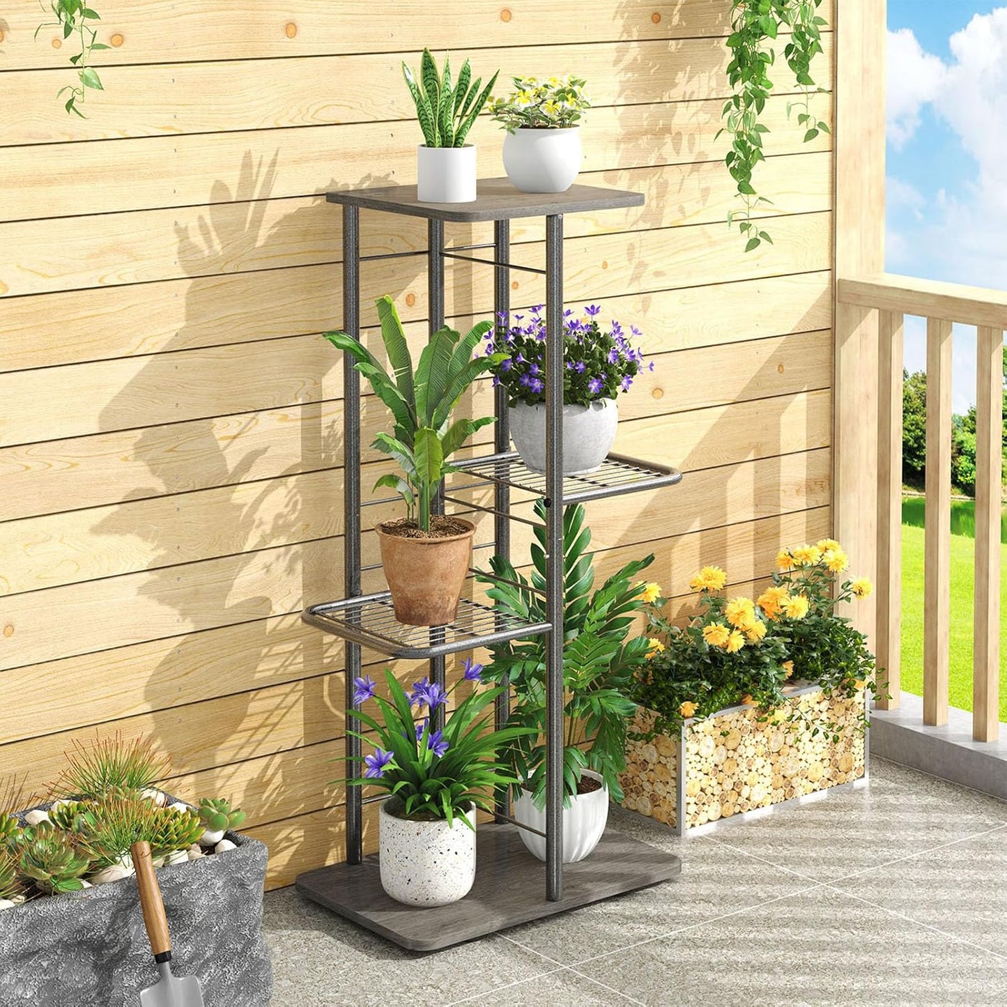 Simple Trending Plant Stand Shelf Indoor Outdoor Waterproof, 4-Tier 5 Potted Heavy Duty Metal Tall Flower Holder for Multiple Corner Display