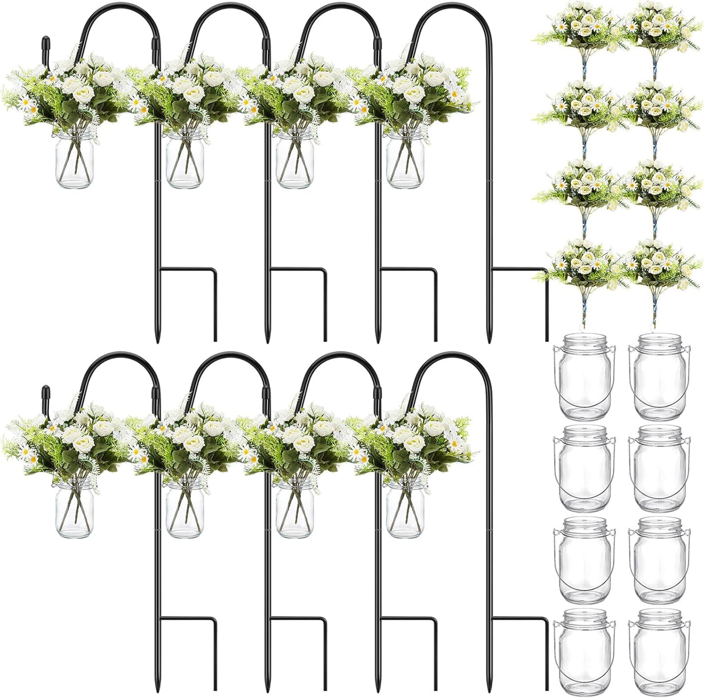 8 Sets Wedding Aisle Decoration Include 16 oz Rose Daisy Hanging Mason Jar 32" Shepherds Hooks Rustic Mason Jar with Faux Rose and Daisy for Outdoor Wedding Isle Ceremony Decorations