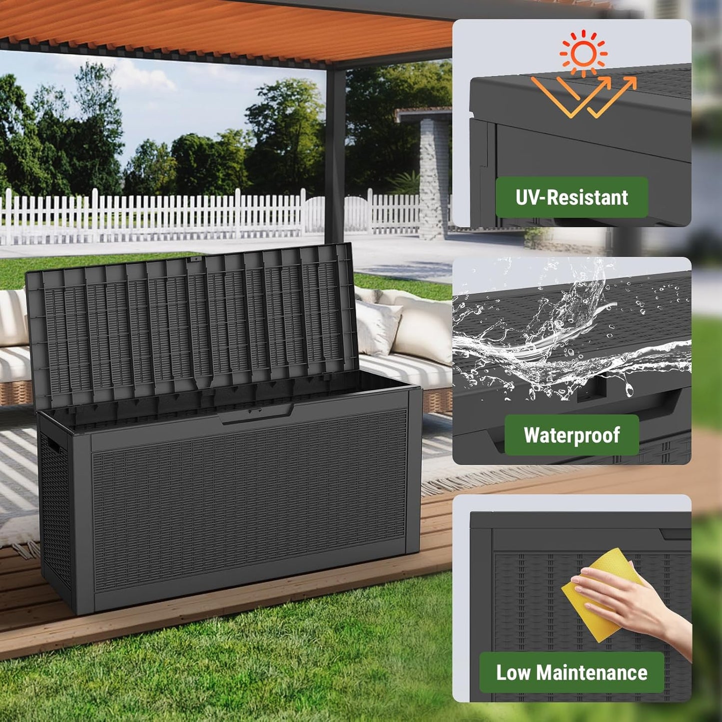 Mars Villa 60 Gallon Deck Box, Outdoor Storage Box Waterproof, Outside Resin Storage Bin for Outdoor Patio Furniture Cushions, Pool Supplies, Garden Tools, UV-Resistant and Weatherproof, Rattan Black