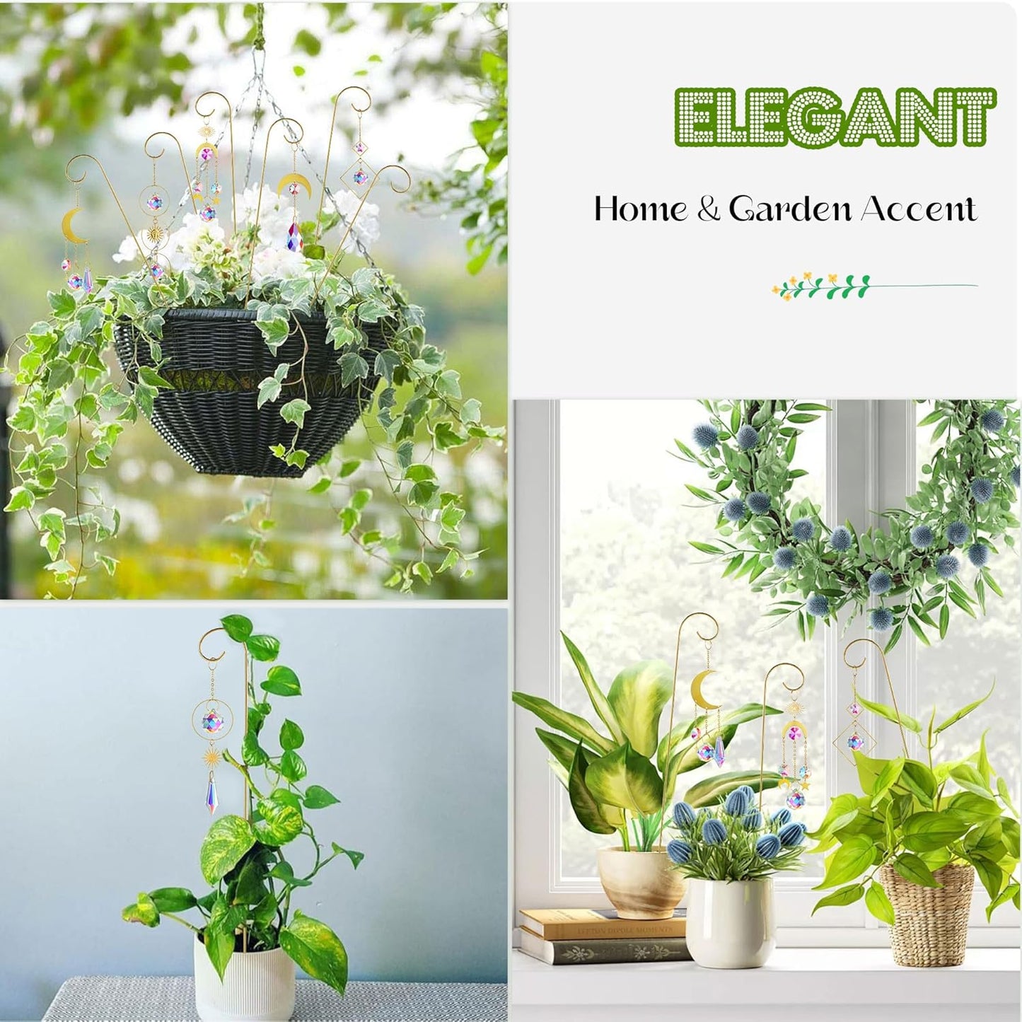 HDCRYSTALGIFTS 6PCS Small Trellis for Potted Plants Indoor with Crystal Sun Catcher, 13.5'' Metal Plant Stakes Suncatchers for Mini Potted Plant Accessories Home Garden Decor