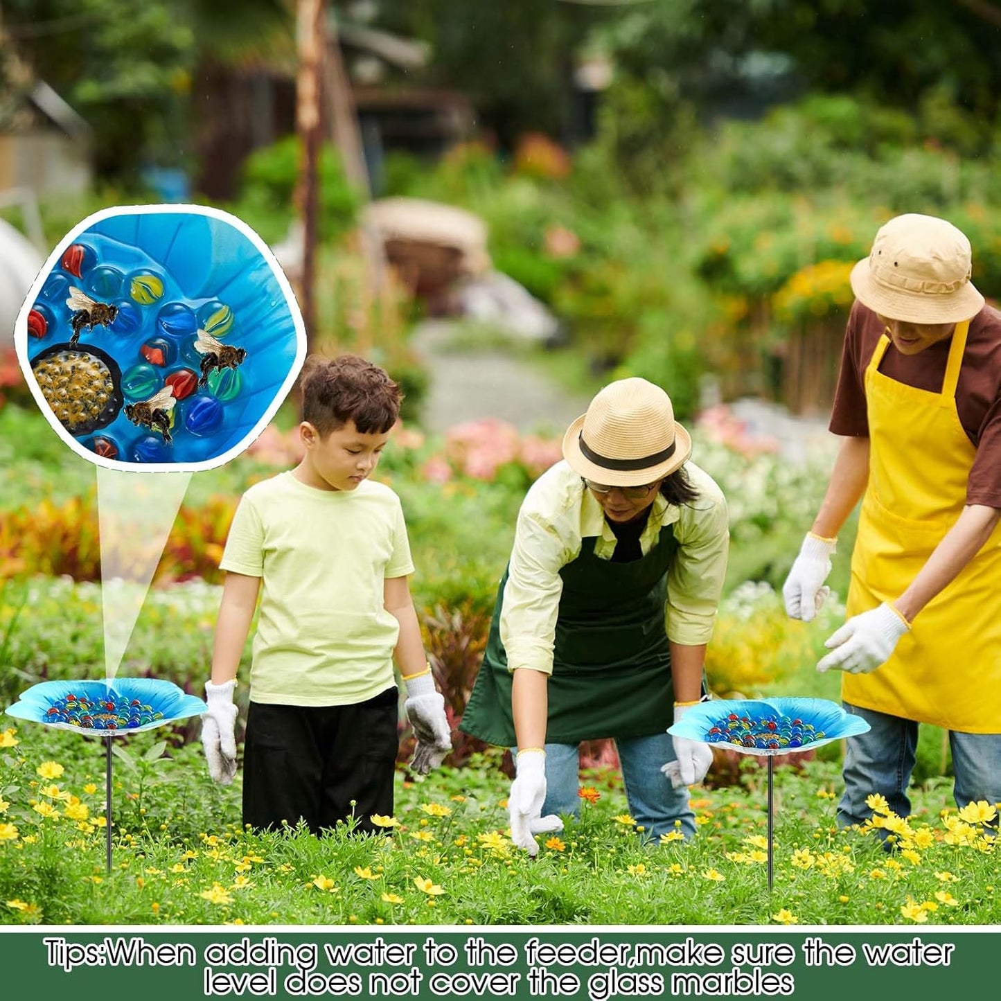 Tandefio Vivid Flower Bee Watering Station Metal Butterfly Water Feeder Cup with 30 Colorful Glass Marbles Bee Feeder Cup Butterfly Bath Bowl for Garden Outdoor Yard Decors(Blue,Flower)