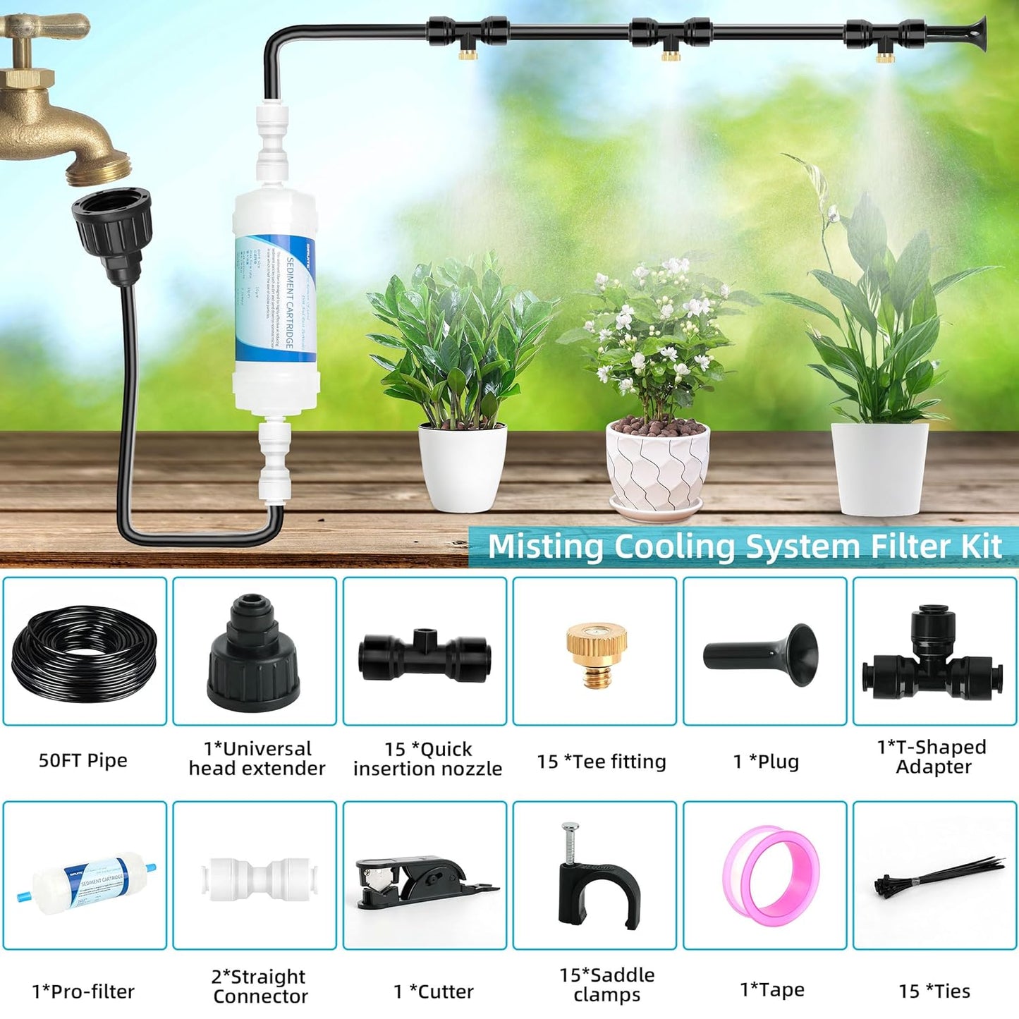 50FT Misters for Outside Patio Outdoor Misting System with Water Filter Automatic Cooling Patio Greenhouse Fan BBQ Pool Mist Kit for Irrigation Garden Durable All-Weather 1/4" Tubing